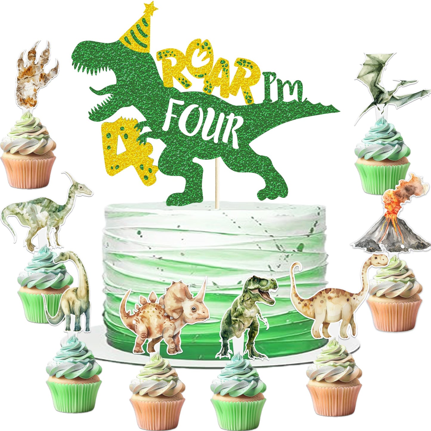 208 Pcs Dinosaur 4th Birthday Party Supplies, Green Dino Roar I'm Four Birthday Decorations, 20 Serves Include Plates, Cups, Napkins, Tablecloth, Cake