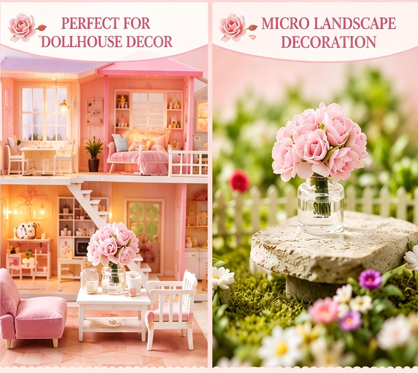 2Pcs Miniature Flowers Vases with Realistic Handmade Rose,1:12 Scale Dollhouse Miniature Flower in Vase Dollhouse Scenes, Micro Landscape Decorations