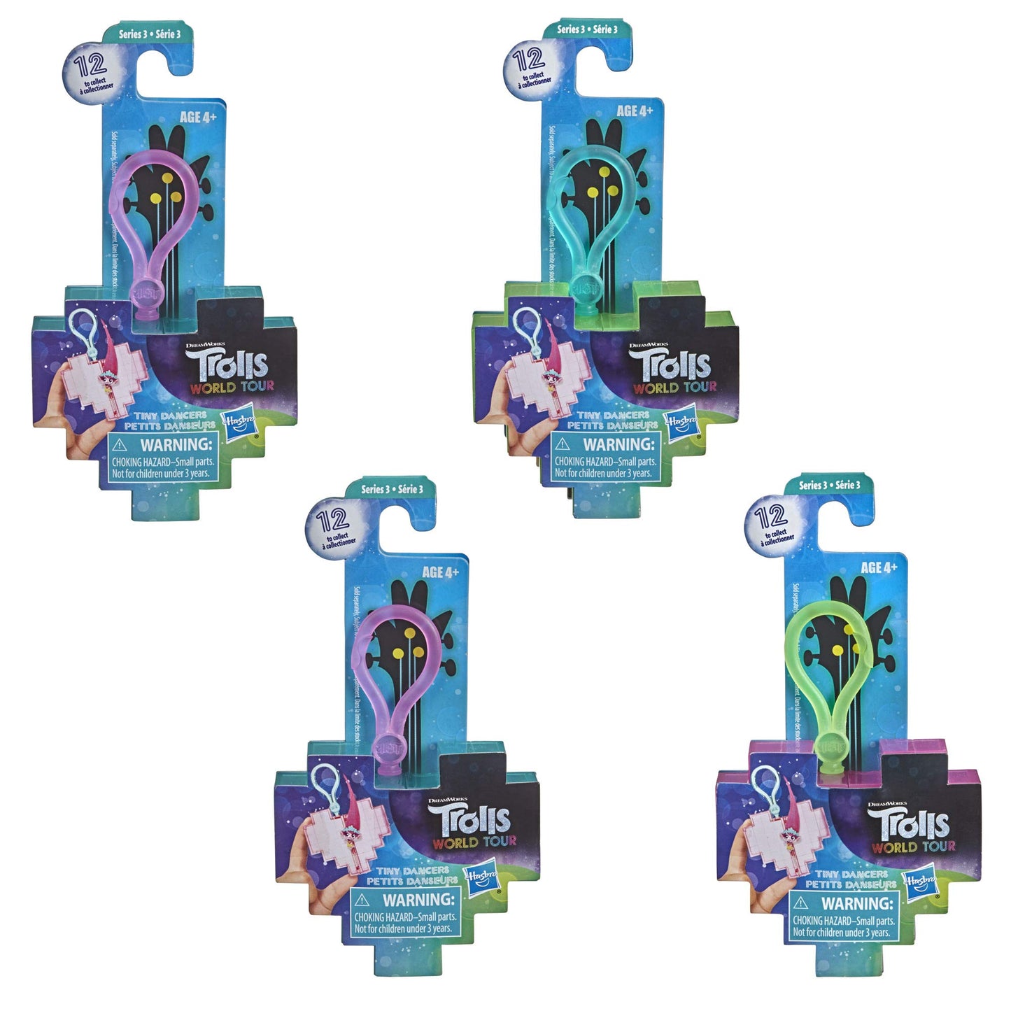 Trolls DreamWorks World Tour Tiny Dancers Surprise 4-Pack Series 3, Tiny Dancers Dolls, Clips, Rings, and Glasses, Toy for Kids 4 and Up