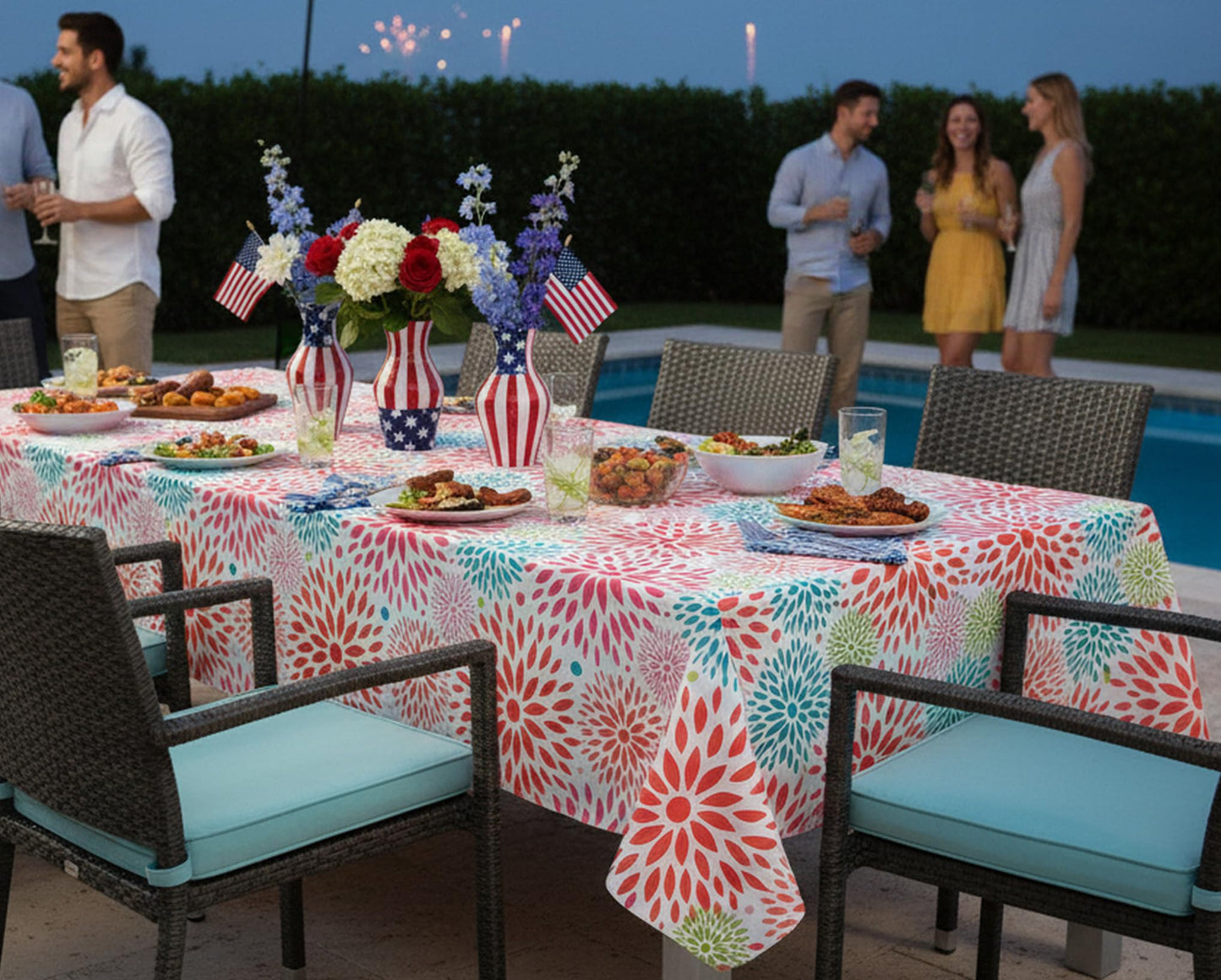 Newbridge 52 x 70 Inch Rectangle Patriotic Vinyl Tablecloth - Flannel Backed Fireworks Table Cover, Turquoise Orange Pink Green, July 4th and Memorial
