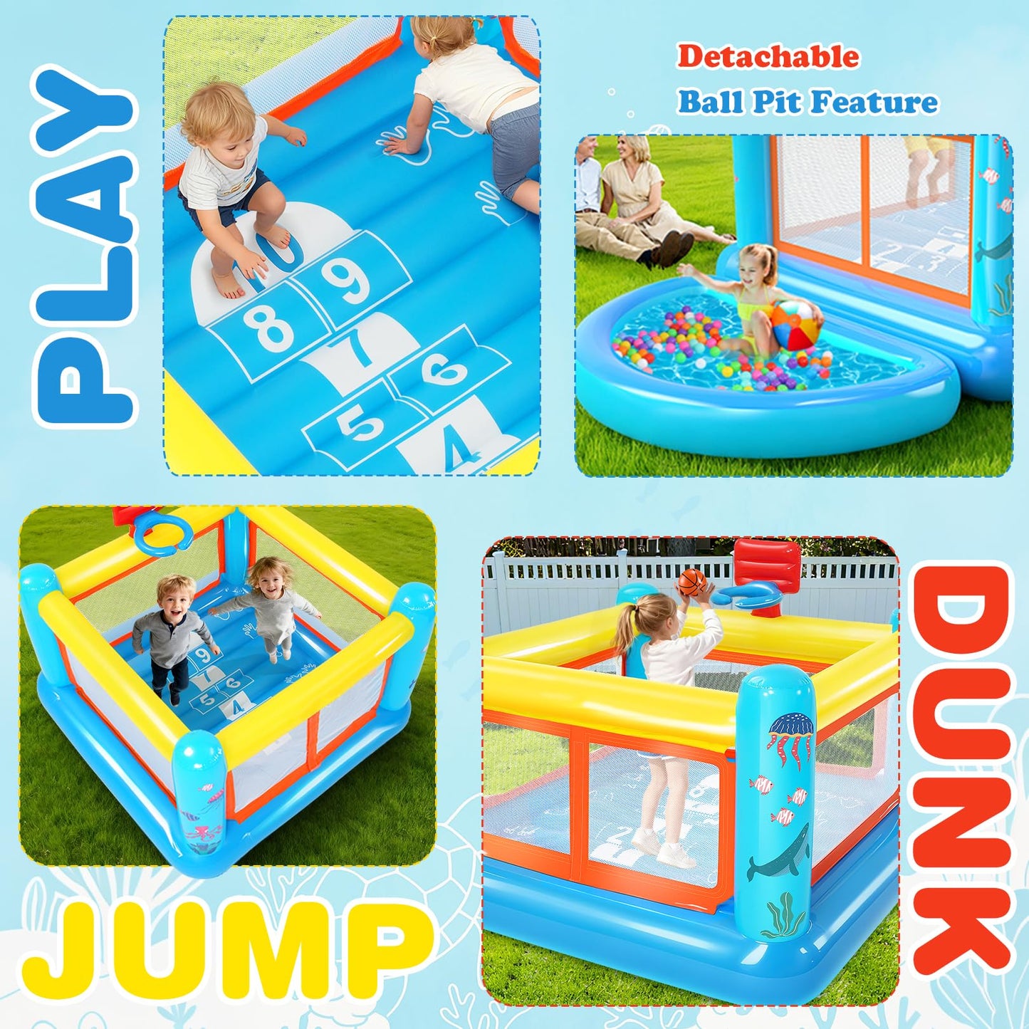 AKEYDIY Bounce House for Kids 3-6, Indoor/Outdoor Inflatable Bouncy Castle with Removable Ball Pit, Hopscotch Game, Basketball Hoop & Air Blower
