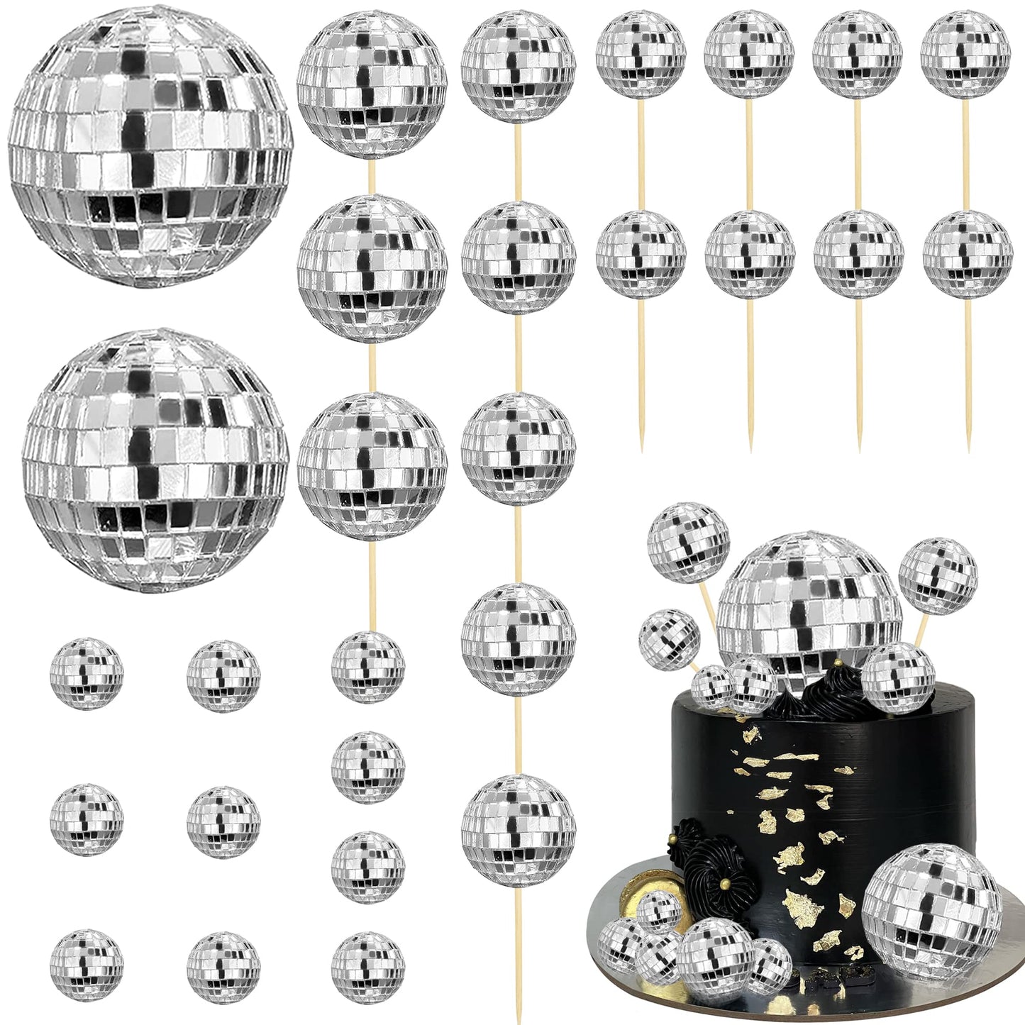 28 PCS Disco Ball Cake Toppers Disco Ball Cake Decorations 70's Disco Cake Centerpiece Decor Disco Theme Cake Picks for Table Decorations Disco 1970s