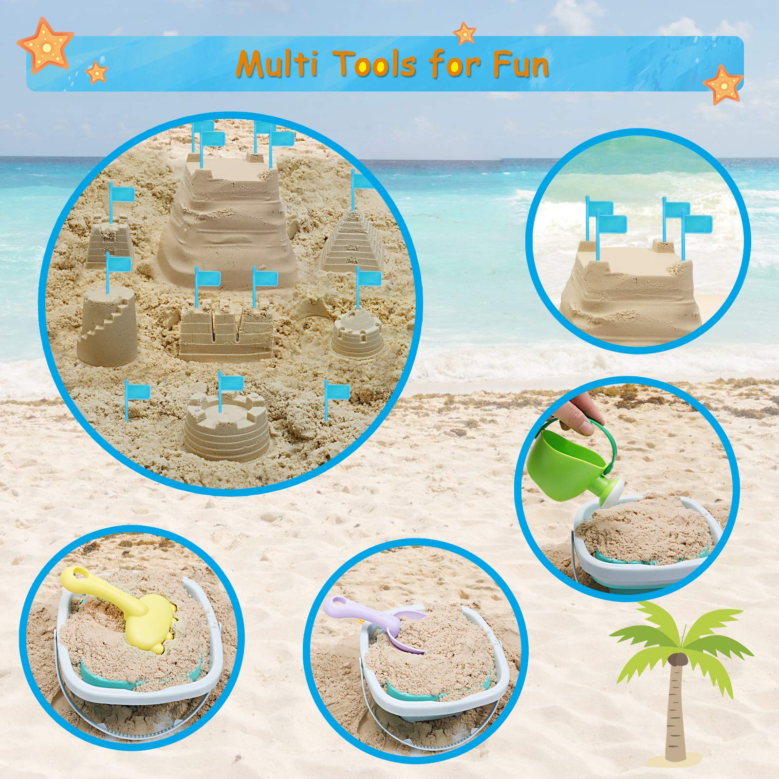 RACPNEL Beach Toys with Collapsible Bucket，Mesh Bag for Kids Ages 3-12