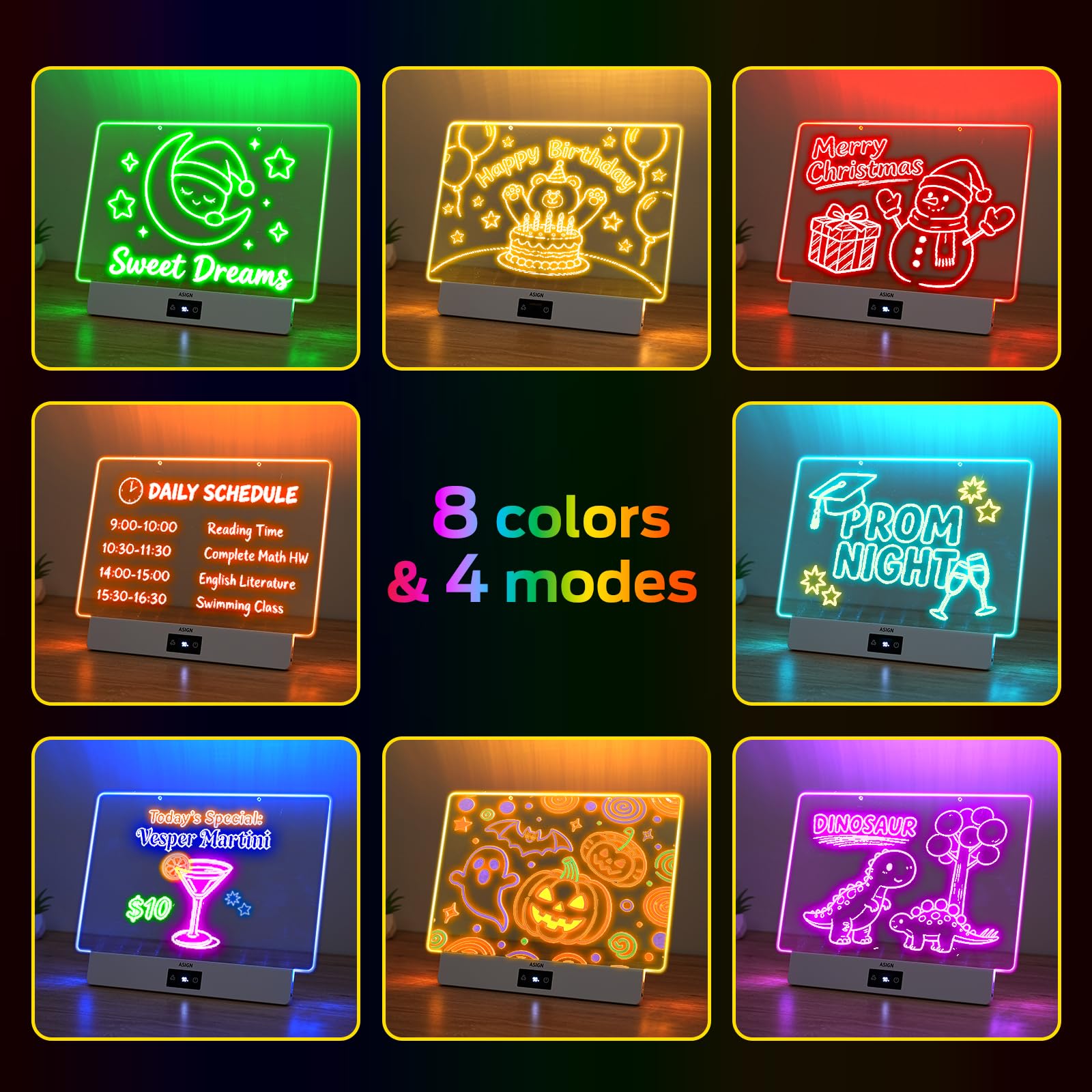 Rechargeable LED Drawing Board, 16.6 Inches Lumiboard, 8 Colors & 3 Modes, LED Note Board with Build in Stand, Includes 7 Markers & 1 Hanging Chain