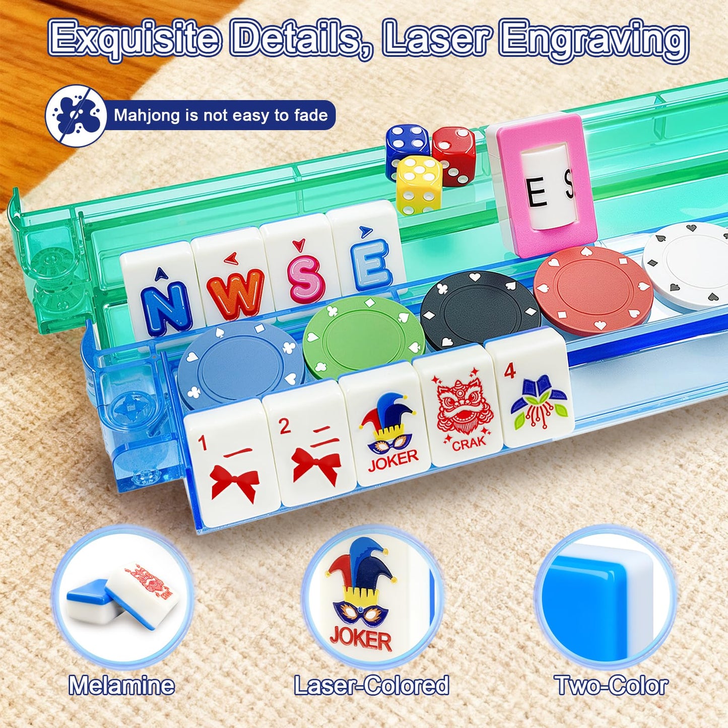 ApexCore Deluxe American Mahjong Tile Set with 166 Unique Designer Tiles - Complete Game Kit with 4 Pcs Mahjong Shuffler Cards | 4 All-in-One