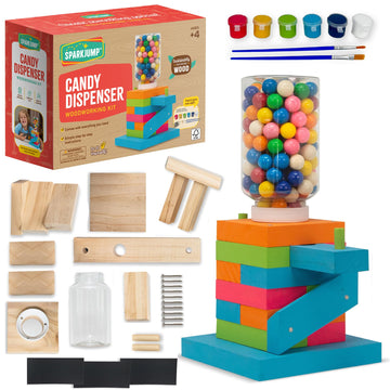 SparkJump Candy Dispenser Woodworking Kit - Complete STEM Building Kit for Kids with FSC-Certified Wood, Paints & Tools, DIY Gumball Machine Craft