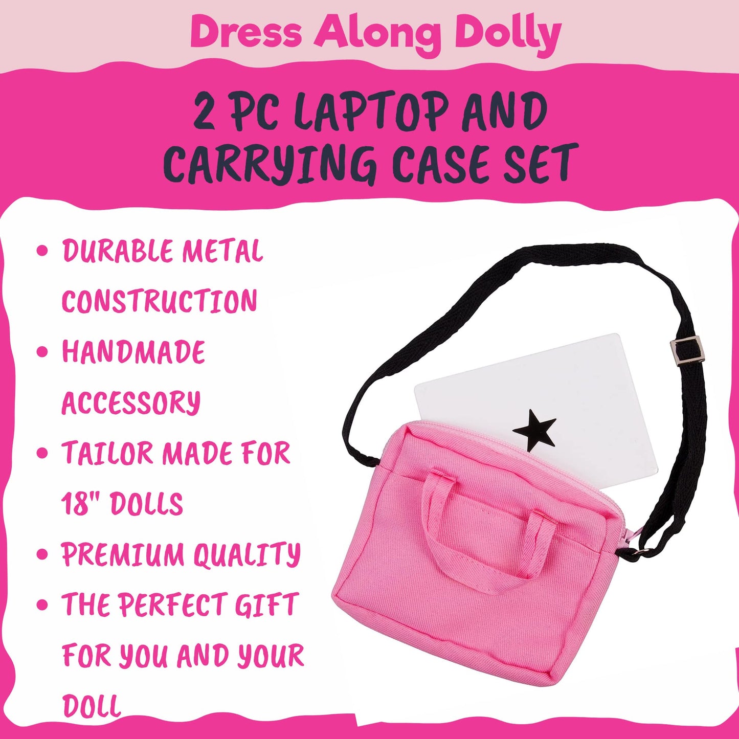 Dress Along Dolly Metal Laptop for 18-Inch Dolls - Premium Heavy-Duty Doll Computer with Pink Carrying Bag - Fits American Girl & Our Generation
