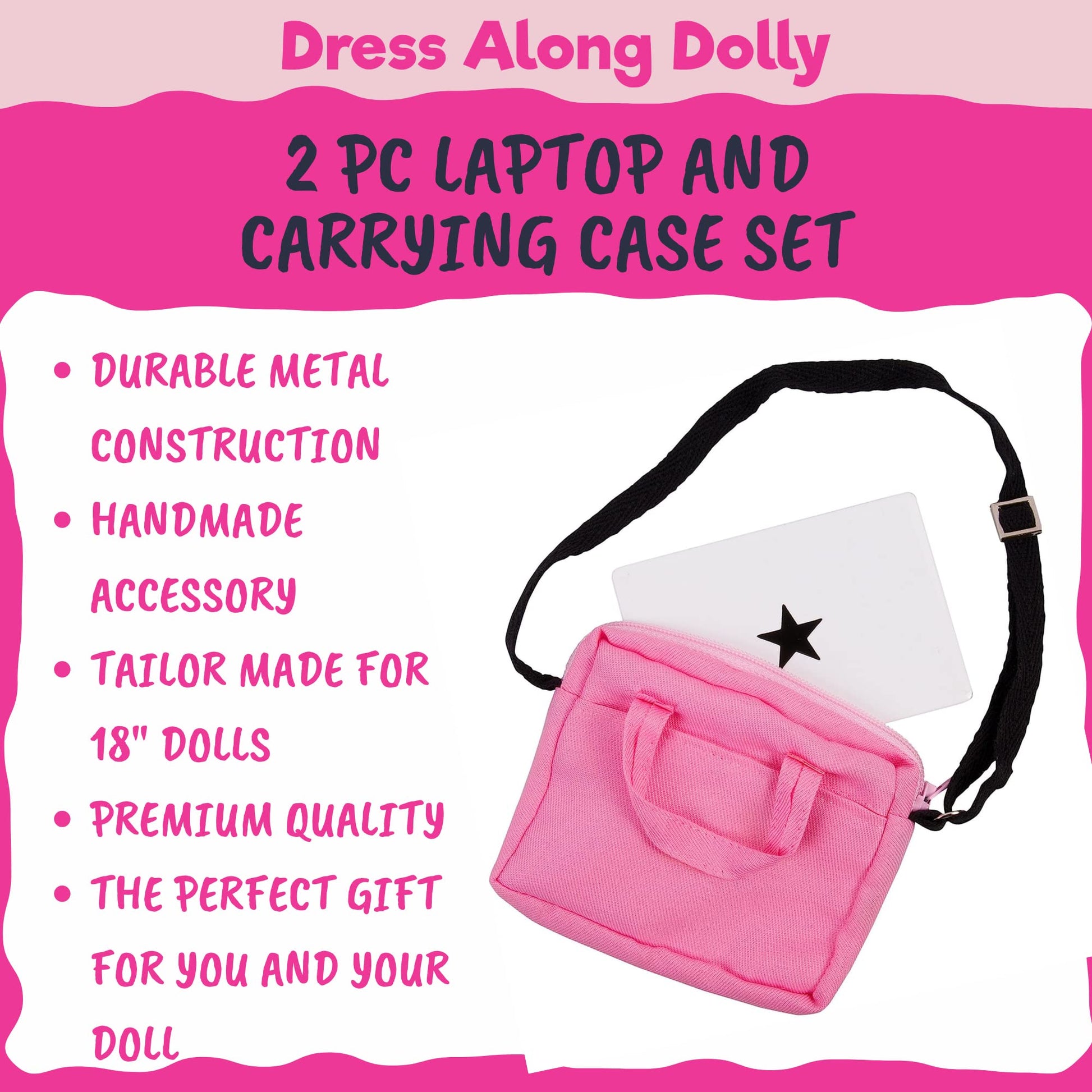 Dress Along Dolly Metal Laptop for 18-Inch Dolls - Premium Heavy-Duty Doll Computer with Pink Carrying Bag - Fits American Girl & Our Generation