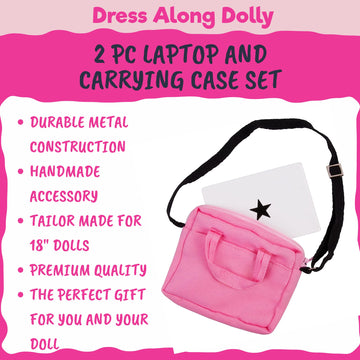 Dress Along Dolly Metal Laptop for 18-Inch Dolls - Premium Heavy-Duty Doll Computer with Pink Carrying Bag - Fits American Girl & Our Generation