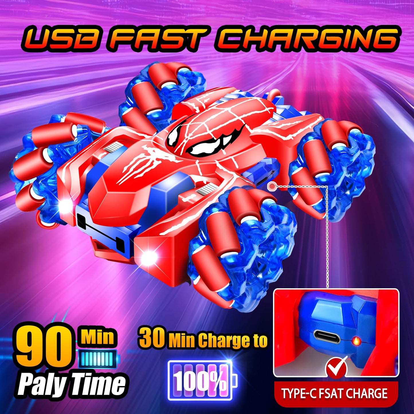 GDRic Spider Remote Control Car, 2.4Ghz Rechargeable Rc Cars 360° Rotating 4WD Stunt Car with Cool Lights | Double Sided Drift | Indoor Toys for Kids