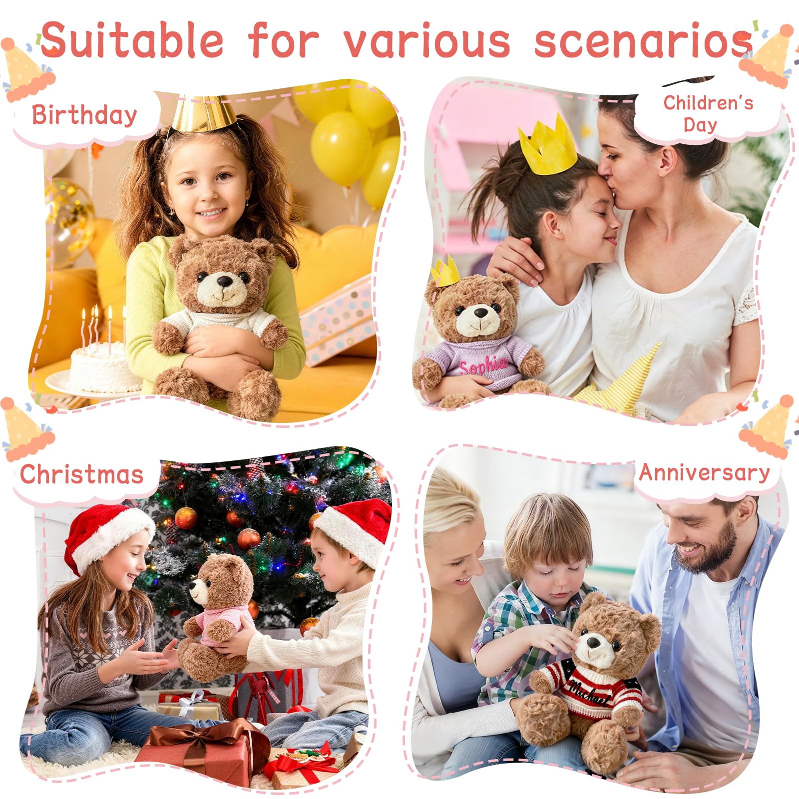 aoemgnj Personalized Teddy Bear with Embroidered Name, 10/12/16 Inch Custom Plush Stuffed Animal, Soft Huggable Gift for Birthday, Christmas