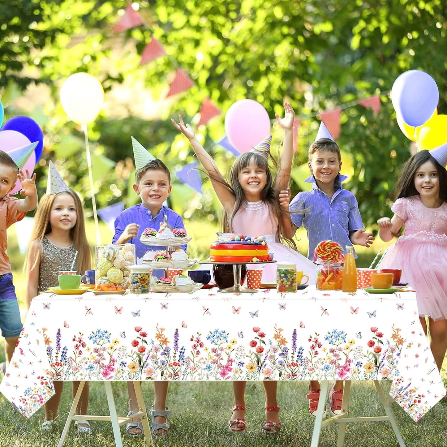 3 Pcs Wildflower Tablecloth Spring Summer Floral Table Cover for Butterfly Wildflowers Theme Picnic Dining Holiday Weeding Baby Shower Birthday Tea