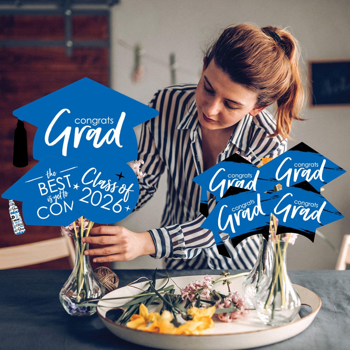 Big Dot of Happiness 2026 Blue Graduation Party Centerpiece Sticks - Showstopper Table Toppers - 35 Pieces