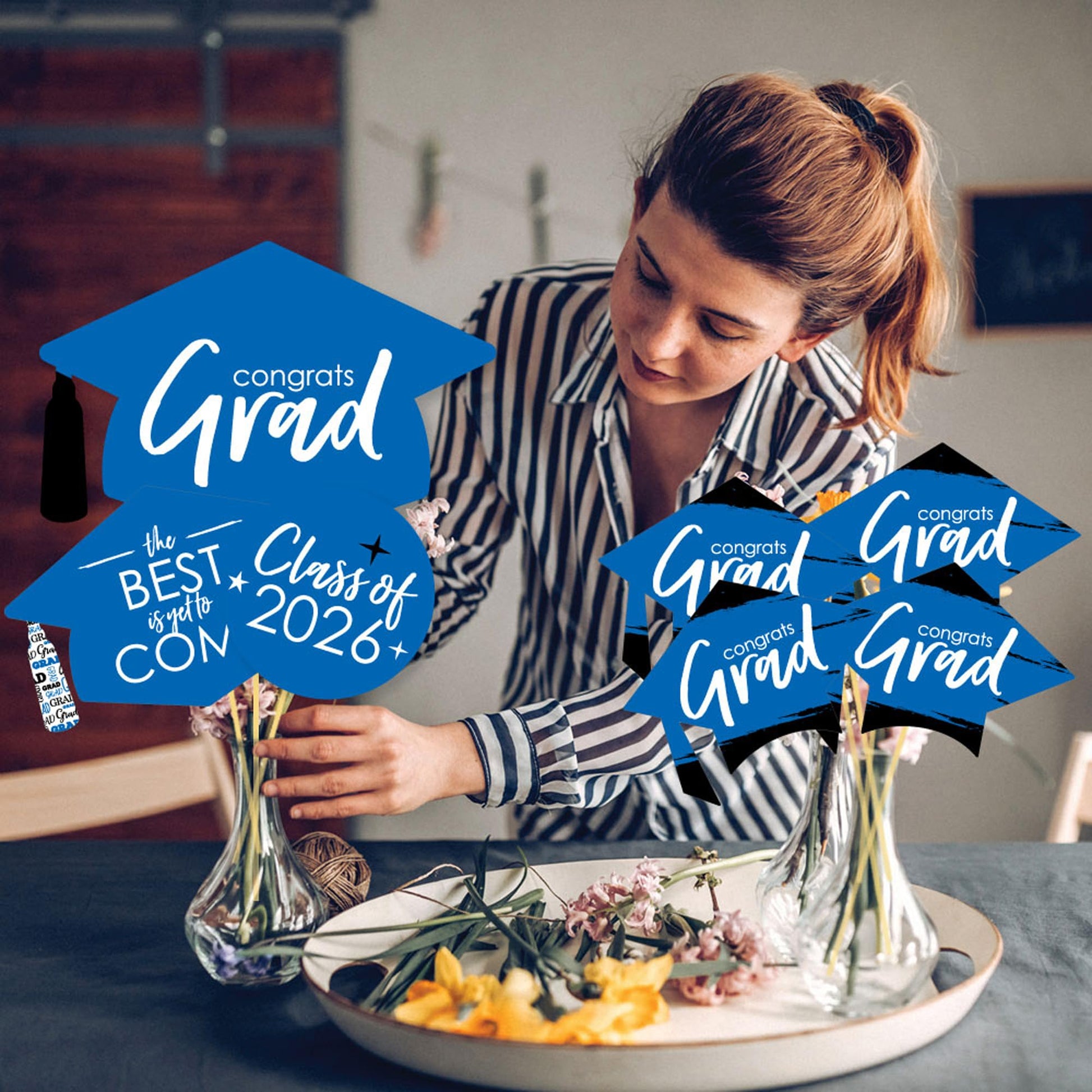 Big Dot of Happiness 2026 Blue Graduation Party Centerpiece Sticks - Showstopper Table Toppers - 35 Pieces