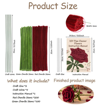 Pipe Cleaners Flower Kit - Red Pipe Cleaners for Flower Making, DIY Craft Supplies for 22-Inch Pipe Cleaner Flowers, Includes 300 PCS Pipe Cleaners