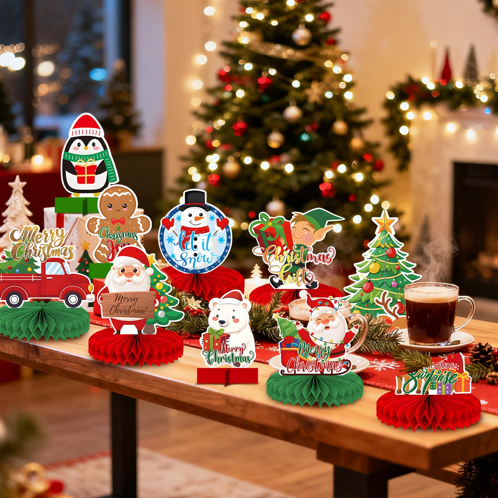 10 Pcs Christmas Honeycomb Centerpieces - Xmas Holiday Honeycomb Table Toppers for Dining Table, Classroom, Office, and Home Décor