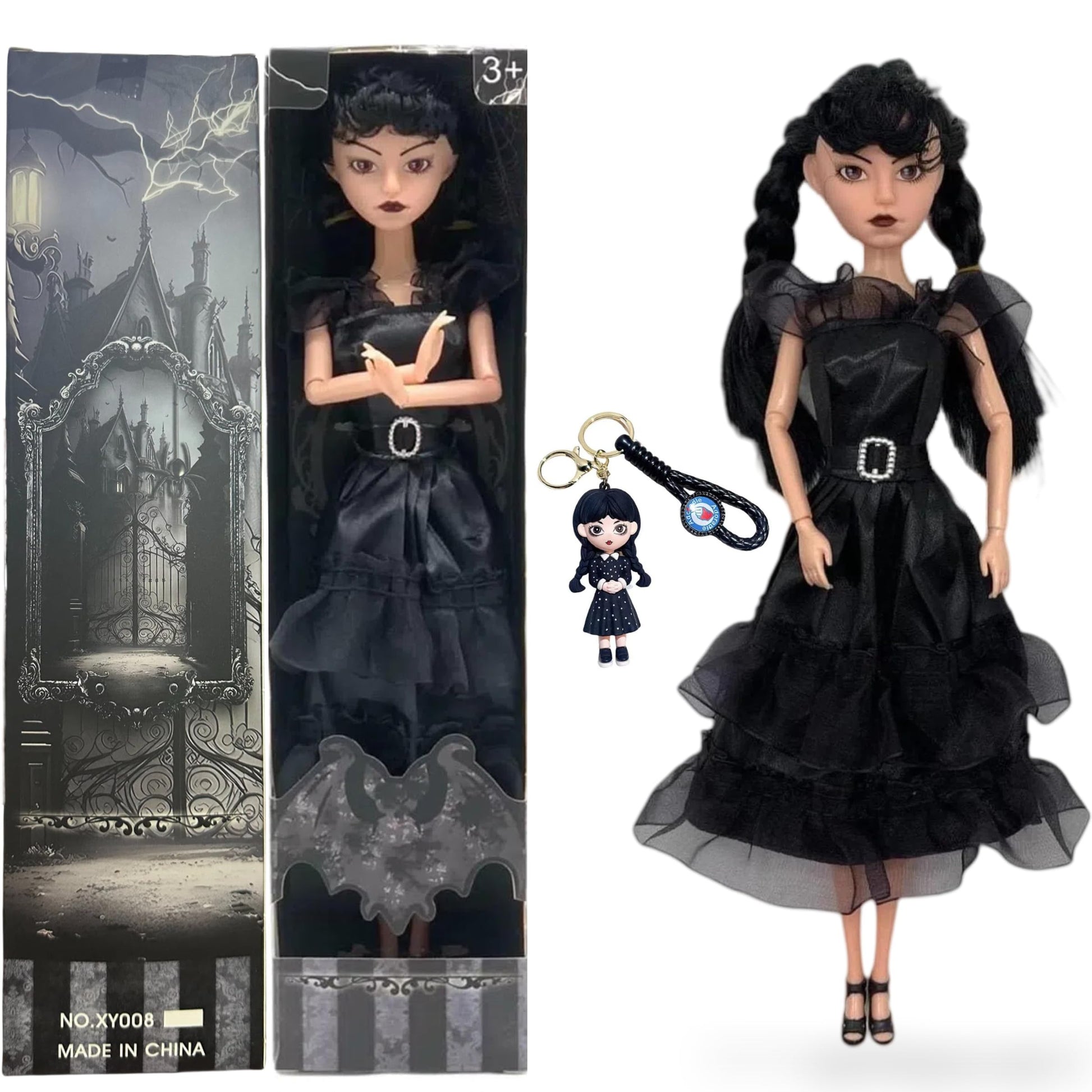 Outeat Addams Dolls for Girls, Addams Doll Black Dress, Ideal Halloween Christmas Birthday Gifts for Kids (A+Keychain)