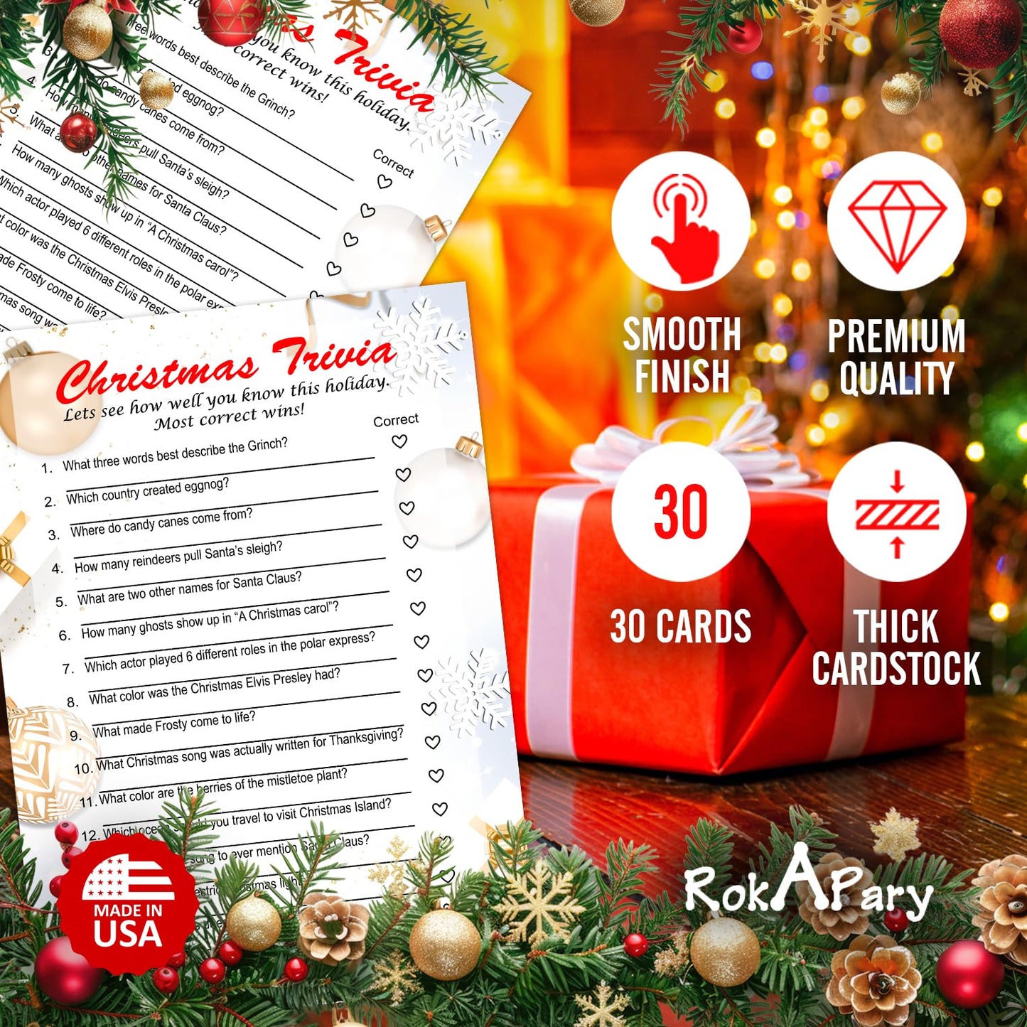 RokAPary Christmas Trivia Game, Game for Family and Friends, Office Group, Holiday Party Fun, Play Pack of 30 Cards 5”x7”. Made in USA