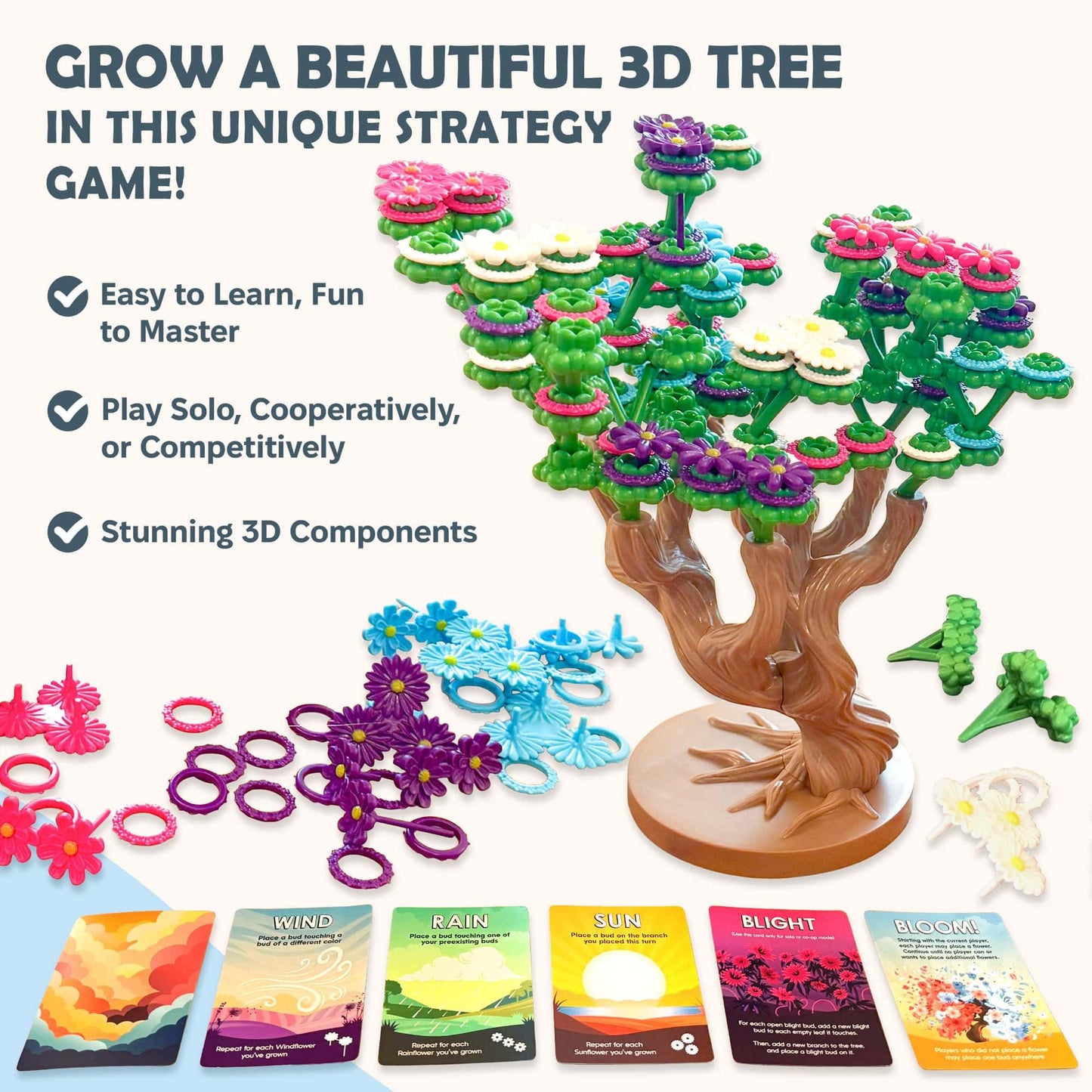 Bloomchasers 3D Flower Stacking Tree Building Board Game for Families and Adults, Light Strategy, Beautiful, Fun & Competitive, Base Game + Expansion