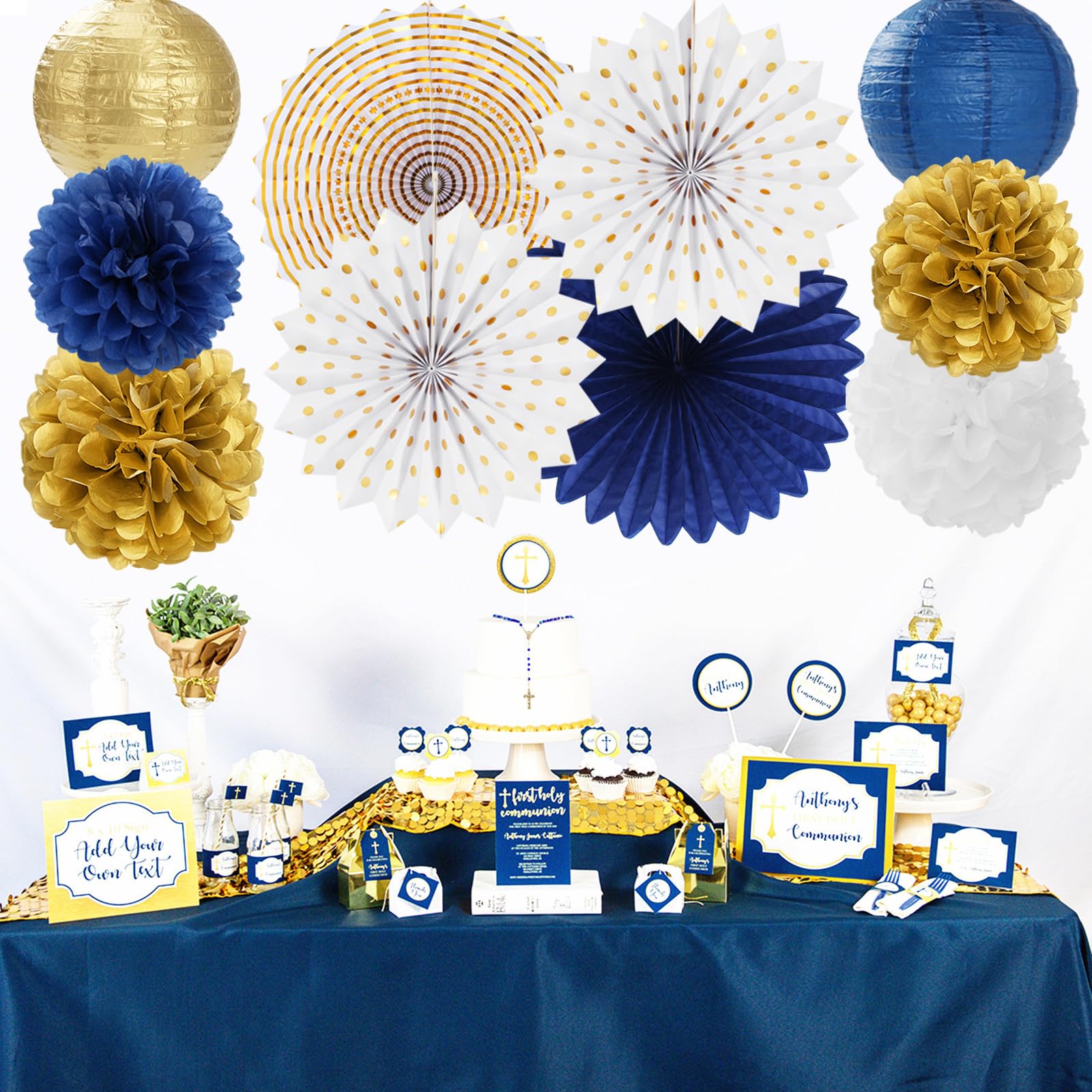 Navy-Blue White Gold Party-Decorations - 20pcs Graduation 2026 Paper Lanterns Fans,Tissue Pom Poms,Honeycomb Ball,Birthday Bridal Celebration