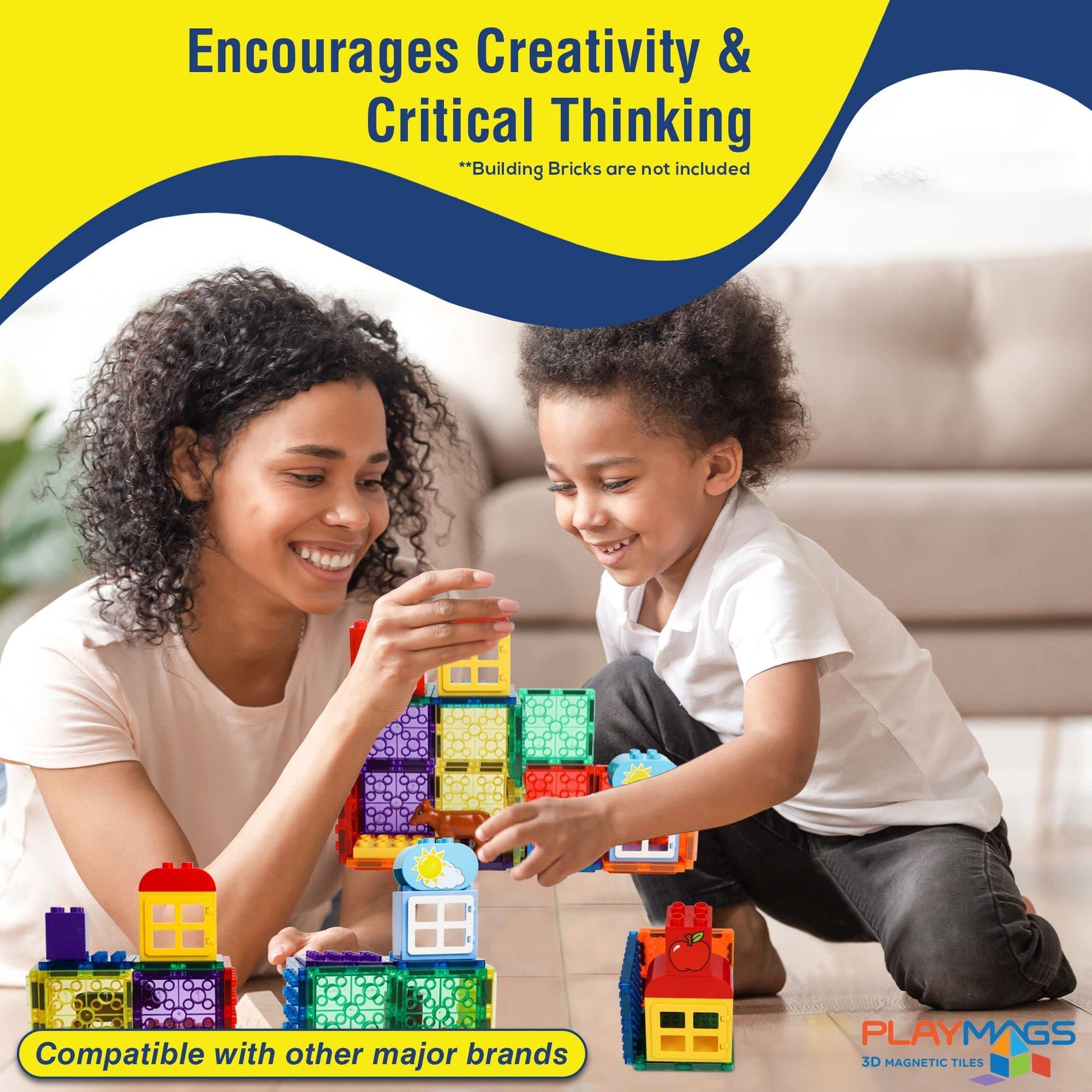 Playmags Magnetic Tiles, 18Pcs Magnetic Building Bricks, Exclusive Magnetic Blocks, Skill Development, Ages 3+ (Big Bricks Tiles)