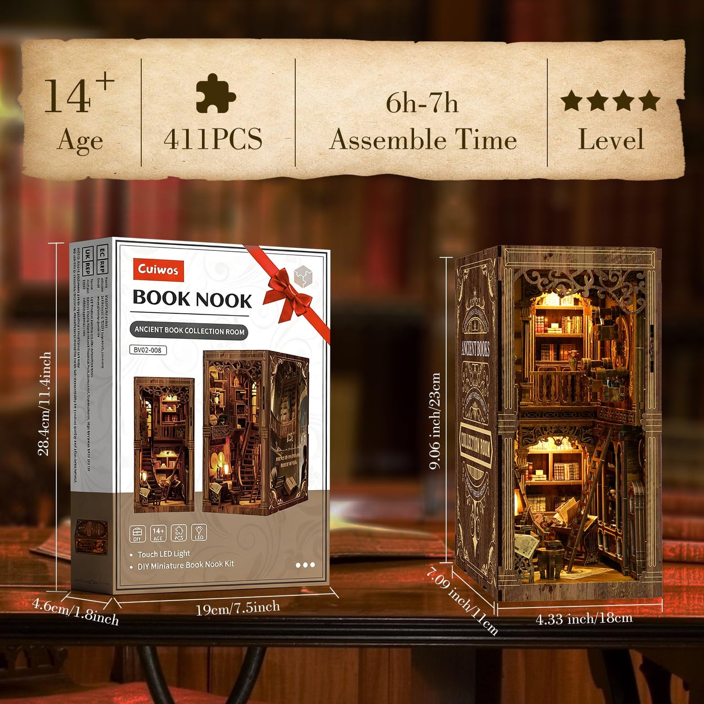 Book Nook Kit - (Classic Edition) - DIY Miniature Wooden Puzzle | Vintage Book Collection Room with LED Lights | 3D Dollhouse Bookend for Bookshelf