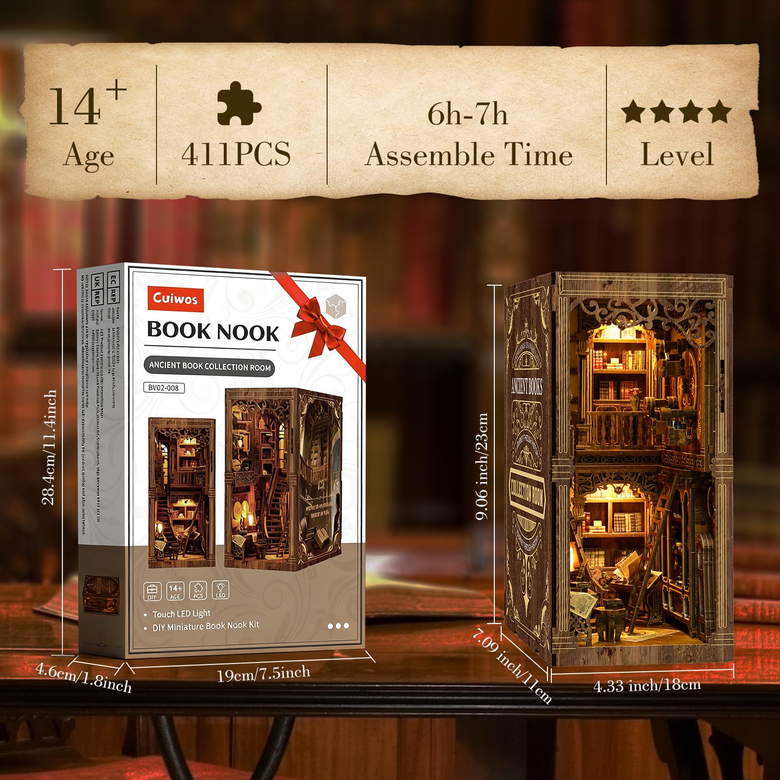 Book Nook Kit - (Classic Edition) - DIY Miniature Wooden Puzzle | Vintage Book Collection Room with LED Lights | 3D Dollhouse Bookend for Bookshelf