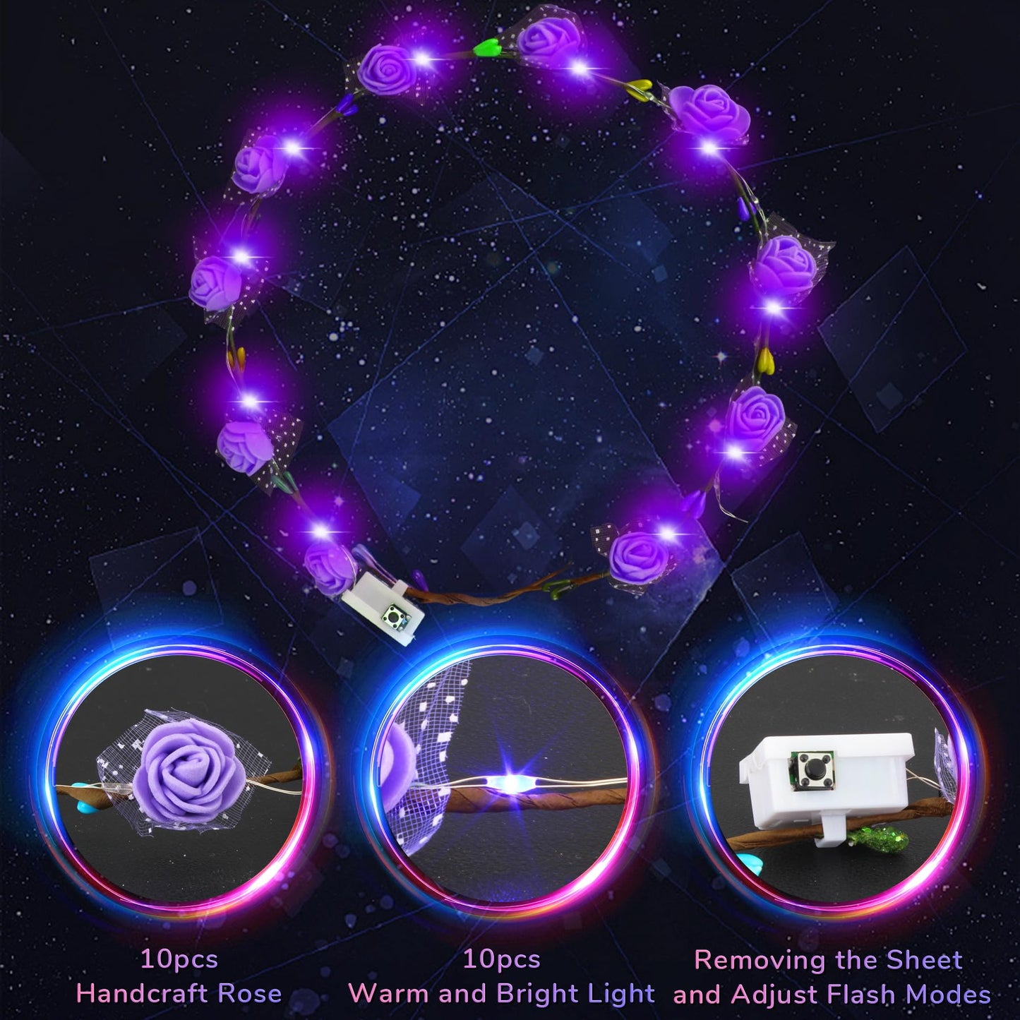 YOFOBU 36PCS LED Flower Crown,Purple Light Up Flower Headband for Women,Glow in The Dark Flower Wreath Crowns for Weddings,Brides,July 4th,Birthday