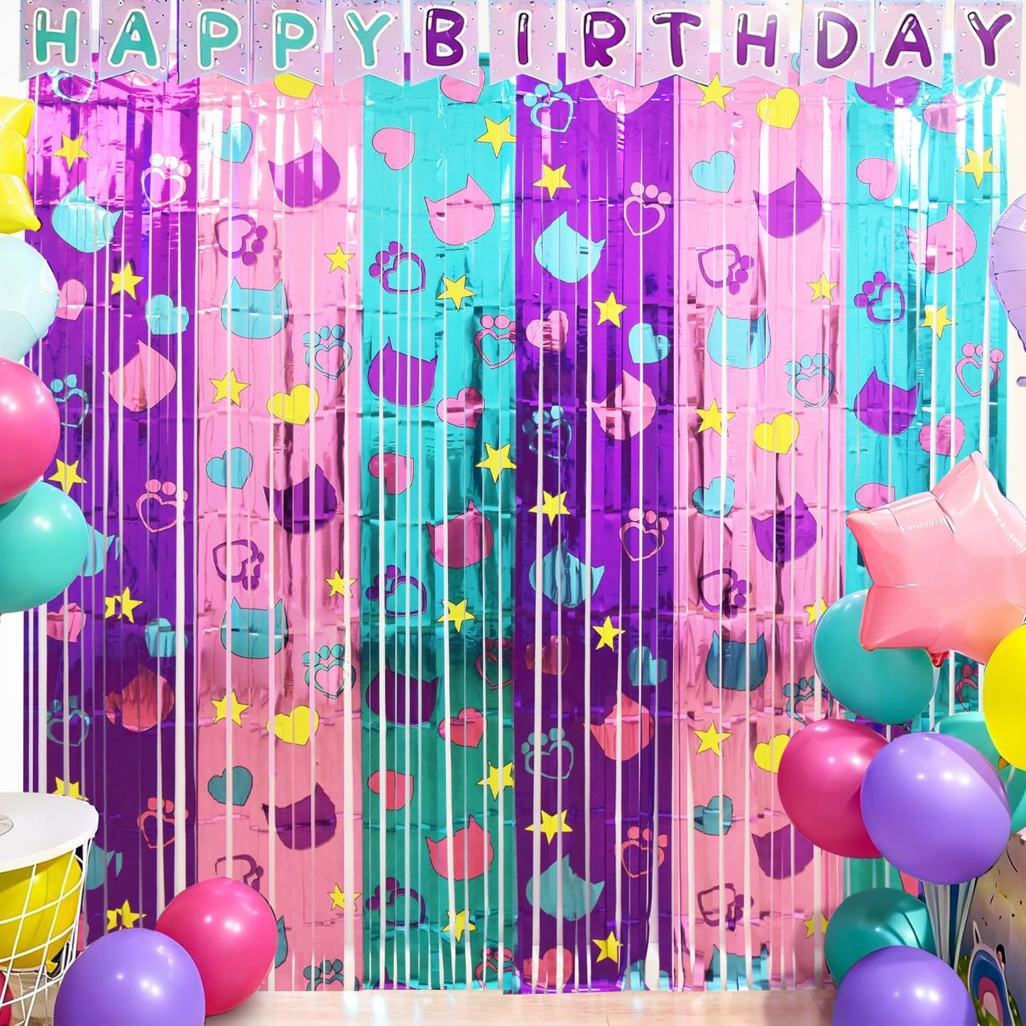 Cute Dollhouse Birthday Decorations, 2 Pack Dollhouse Party Photo Booth Prop, Purple Pink Teal Kitty Head Printing Fringe Curtains Tinsel Photo
