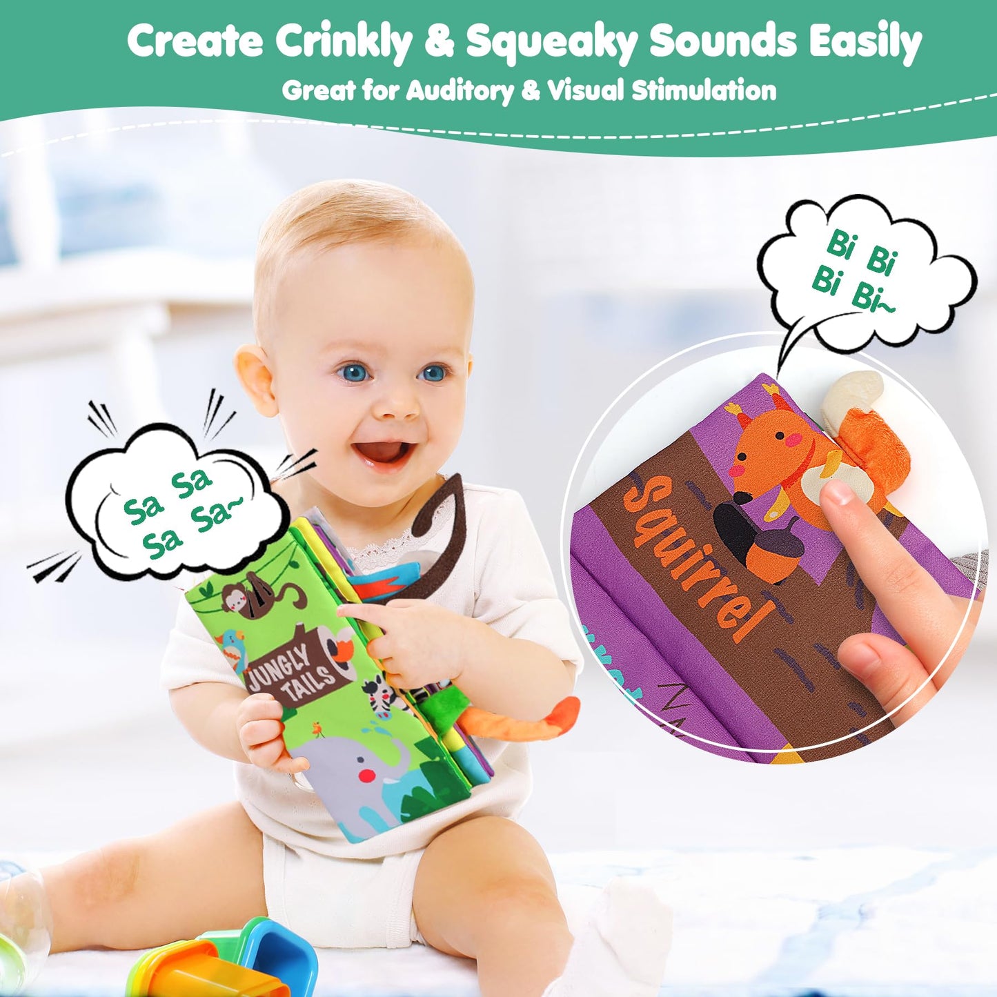 beiens Baby Books Toys, Touch and Feel Crinkle Cloth Book for Infant Baby 0-3-6-12-18 Months, Early Development Interactive Stroller Soft Toys