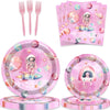 80 Pcs Outer Space Girls Birthday Decorations Astronauts Paper Dinner Plates Napkins Forks Dinnerware for Space Theme Girls Baby Shower 1st 2nd 3rd