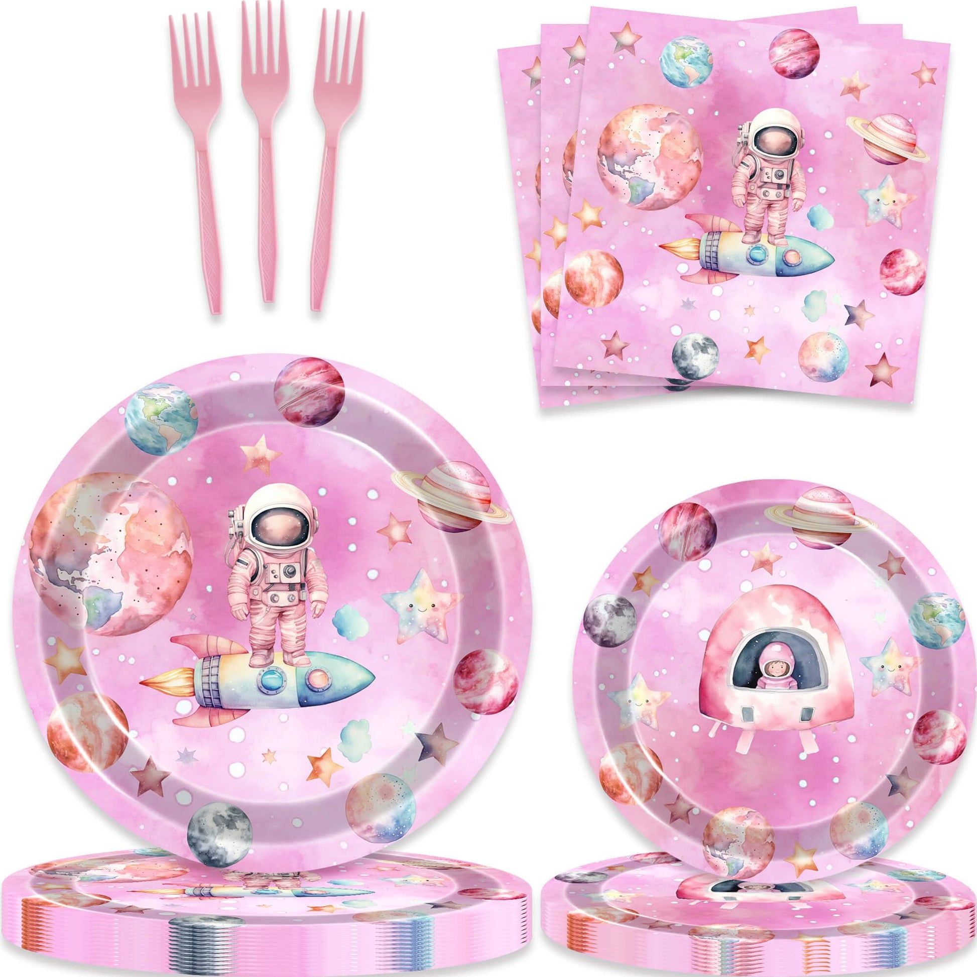 80 Pcs Outer Space Girls Birthday Decorations Astronauts Paper Dinner Plates Napkins Forks Dinnerware for Space Theme Girls Baby Shower 1st 2nd 3rd