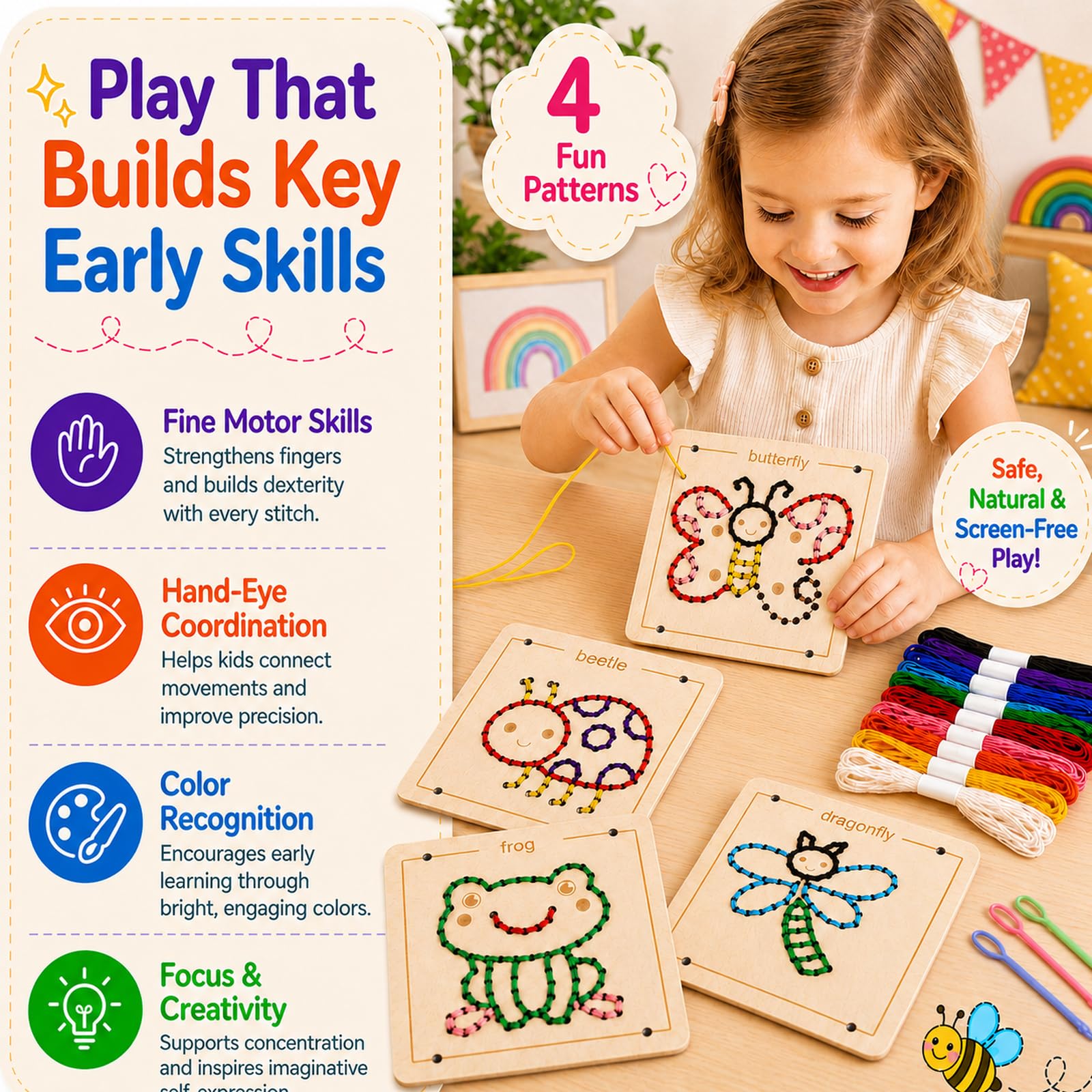 Montessori Wooden Lacing Toys for Toddlers and Kids Ages 2-4 5-7, Sewing Kit Fine Motor Skill Busy Board, Education Sensory Preschool Toy for 1 2 3 4