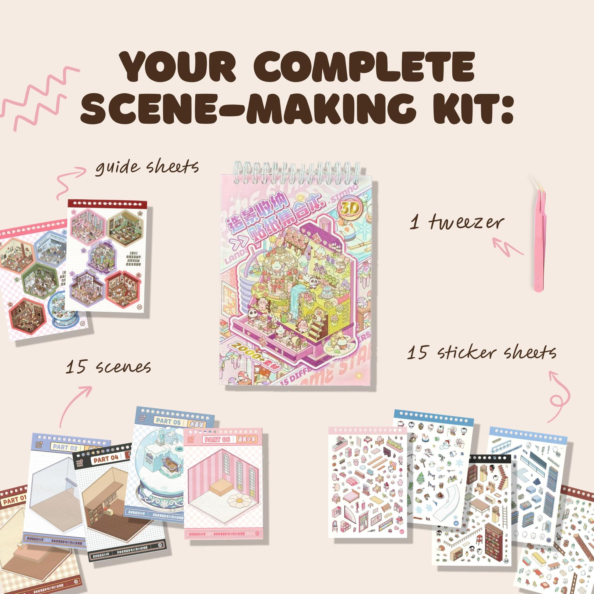 3D Sticker Scene Book - Reusable Stickers Scenes for Adults & Kids, 15 Sets Miniature Scene Sticker Book with Tweezer, Cozy Room Stickers, Portable
