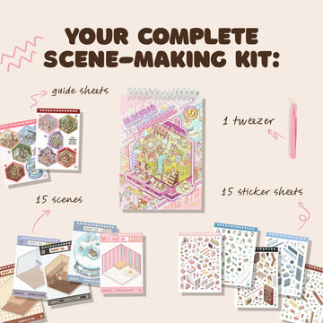 3D Sticker Scene Book - Reusable Stickers Scenes for Adults & Kids, 15 Sets Miniature Scene Sticker Book with Tweezer, Cozy Room Stickers, Portable
