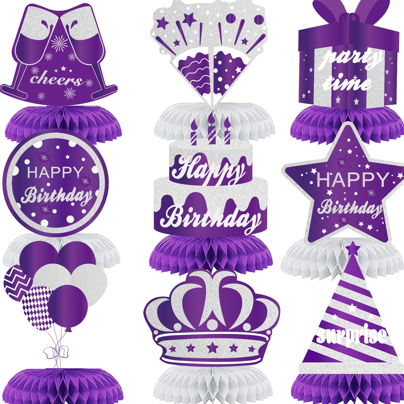 WINPOGEE 9PCS Purple Silver Happy Birthday Decorations Honeycomb Centerpieces for Women Men