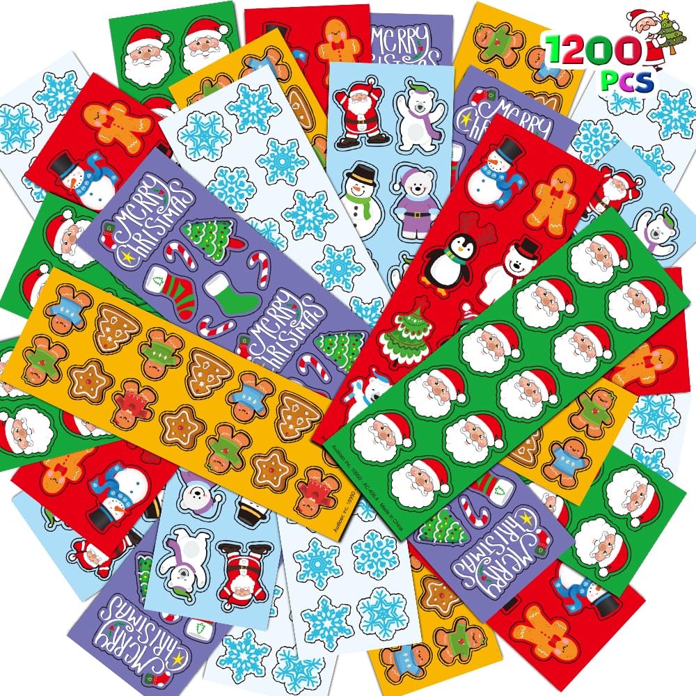 ArtCreativity 1200 Christmas Stickers for Kids - with 100 Sticker Sheets Holiday Stickers Assortment- Stocking Stuffers for Kids, Bulk Christmas Party