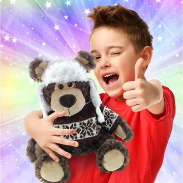 DolliBu Plush Grizzly Bear Stuffed Animal - Soft Plush Huggable Brown Grizzly Bear Wearing Hat & Sweater, Adorable Toy Wild Life Cuddle Gifts for Kids