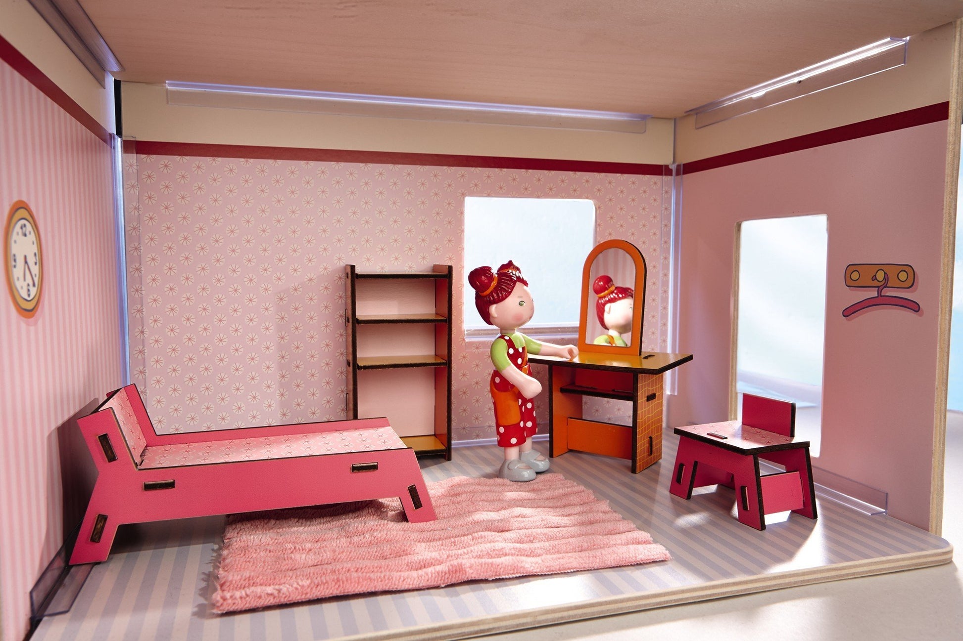 HABA Little Friends Beauty Corner - 4 Pc Dollhouse Furniture Set with Bed & Vanity
