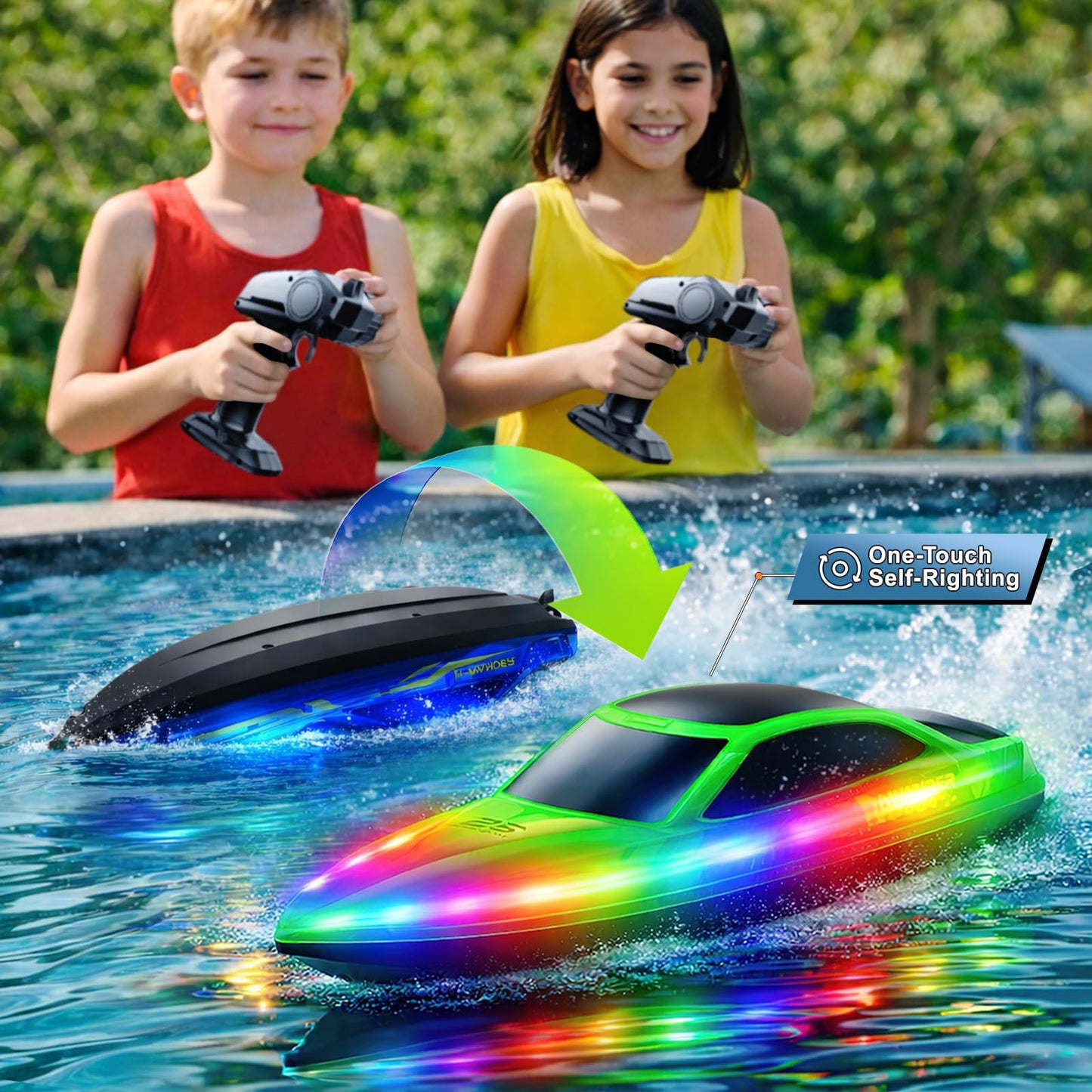 Cirmine RC Boat 2 Pack Remote Control Boats with 7-Mode Colorful LED Lights, 10 Inch RC Boats, 15KM/H High Speed, 2.4GHz Remote, 3 Speed Modes, 4