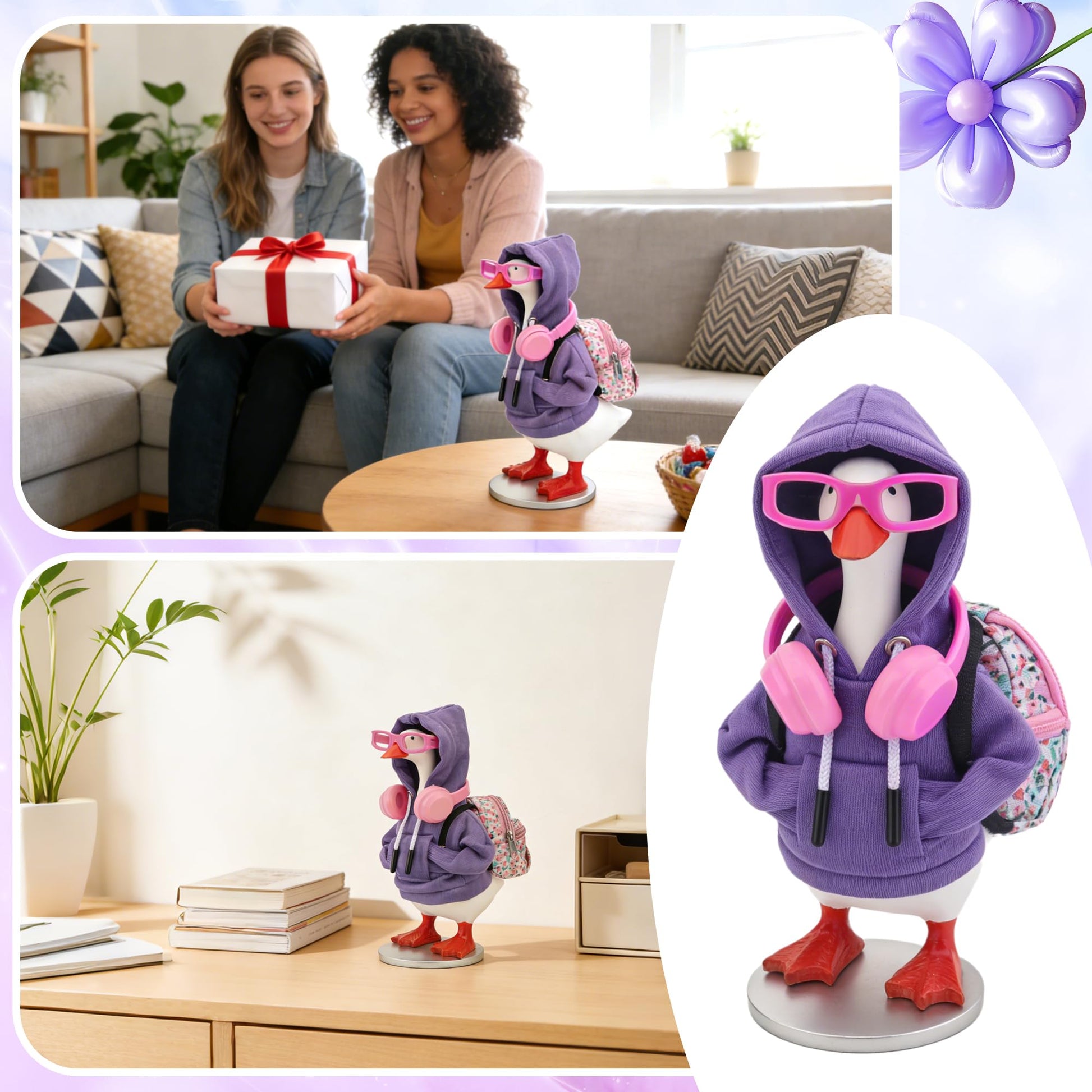 Embewhis Outfits for 7" Desk Goose - 5-Piece Pastel Dream Set: Purple Hoodie, Floral Backpack, Pink Headphones, and 2 Pairs of Frame Glasses - Y2K