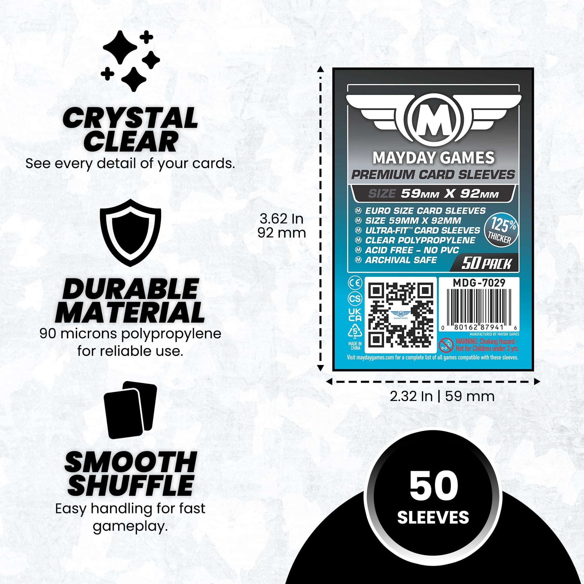 Mayday Games Premium Card Sleeves 59x92mm - 90 Micron Thick Clear Card Sleeves, Perfect Fit Standard European Size, 50 Per Pack - MDG-7029