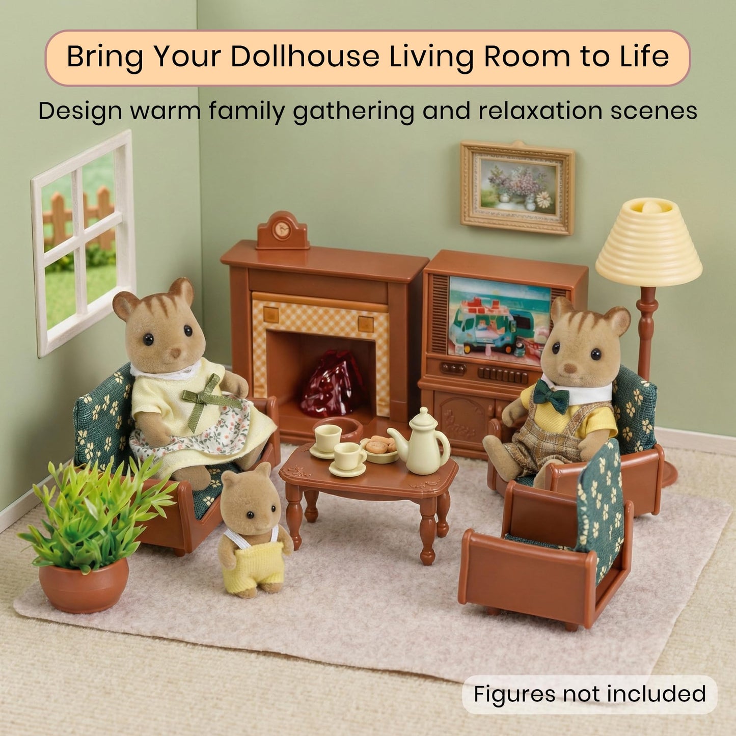 OLEOCA Family Deluxe Dollhouse Living Room Set - Sofa & Two Armchairs, Coffee Table, TV Stand, Fireplace, Floor Lamp, Plant & Tea Set - Dollhouse