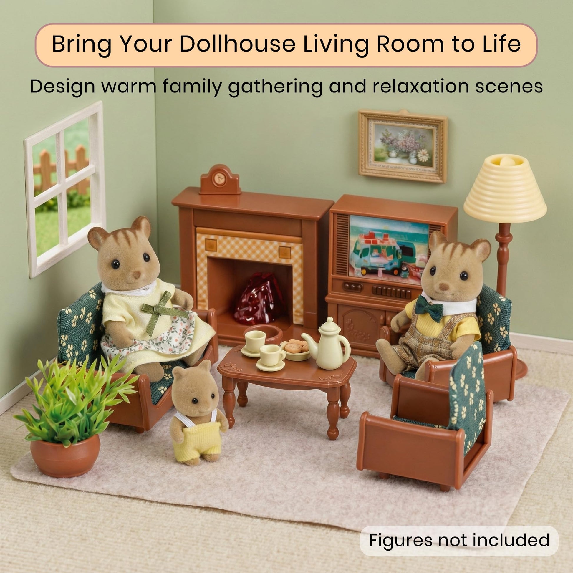 OLEOCA Family Deluxe Dollhouse Living Room Set - Sofa & Two Armchairs, Coffee Table, TV Stand, Fireplace, Floor Lamp, Plant & Tea Set - Dollhouse