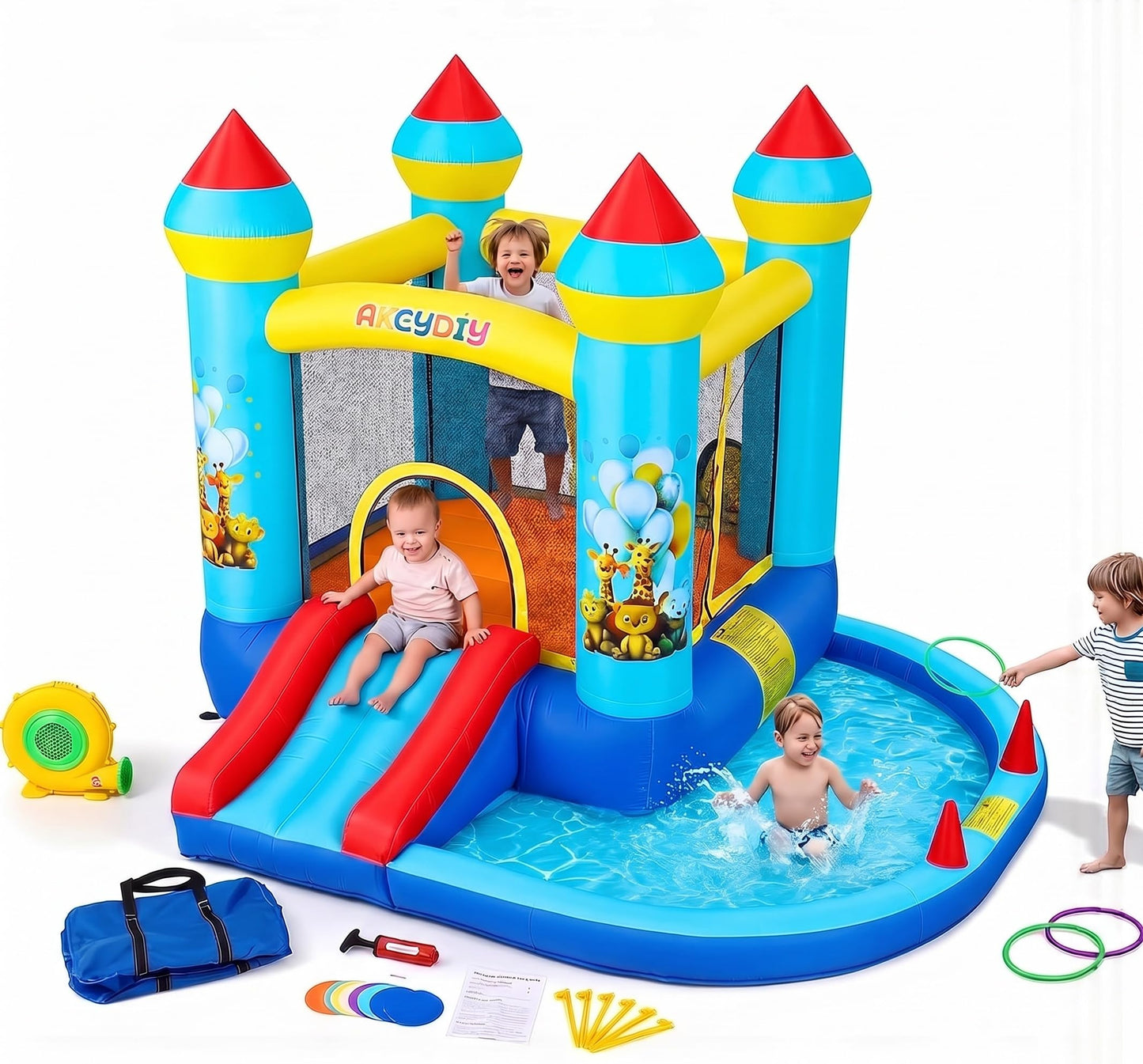 AKEYDIY Bouncy House for Kids, 5-in-1 Inflatable Bouncer with Slide, Ball Pit & Ring Toss, Heavy Duty Oxford Jumping Castle for Backyard Outdoor
