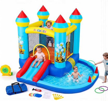 AKEYDIY Bouncy House for Kids, 5-in-1 Inflatable Bouncer with Slide, Ball Pit & Ring Toss, Heavy Duty Oxford Jumping Castle for Backyard Outdoor