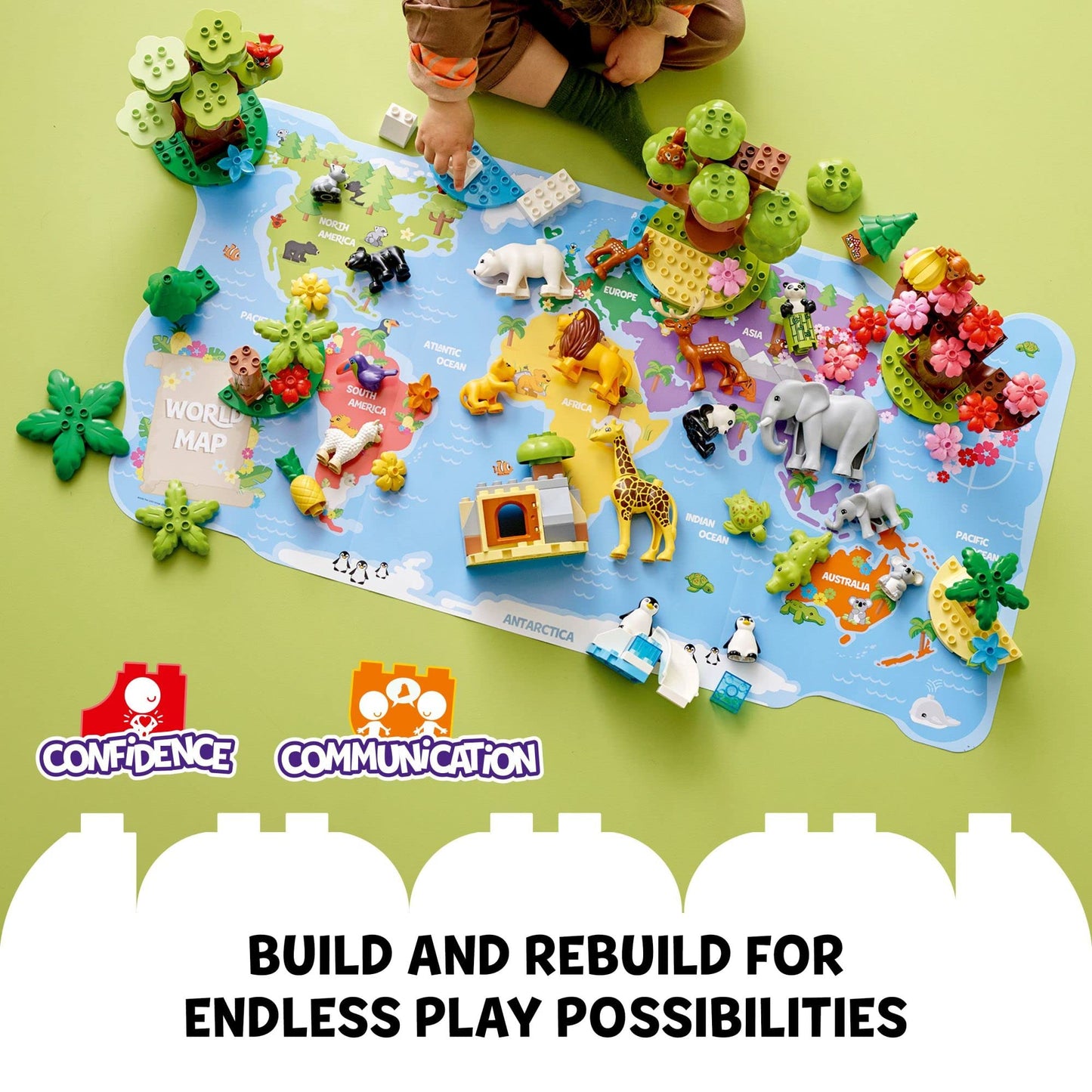 LEGO DUPLO Wild Animals of The World Building Set, Includes Sounds, World Map Playmat, 22 Animal Figures, Educational Gift, Learning Toy for Girls &