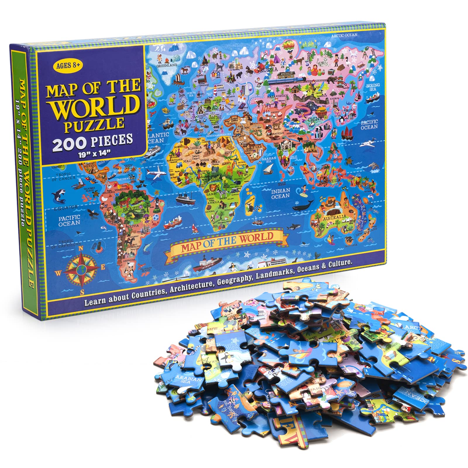 MOTYAWN 200 Pieces World Map Puzzle for Kids & Adults, World Map Jigsaw Puzzle Floor Puzzles Toddler Geography Educational Toys for Boys and Girls