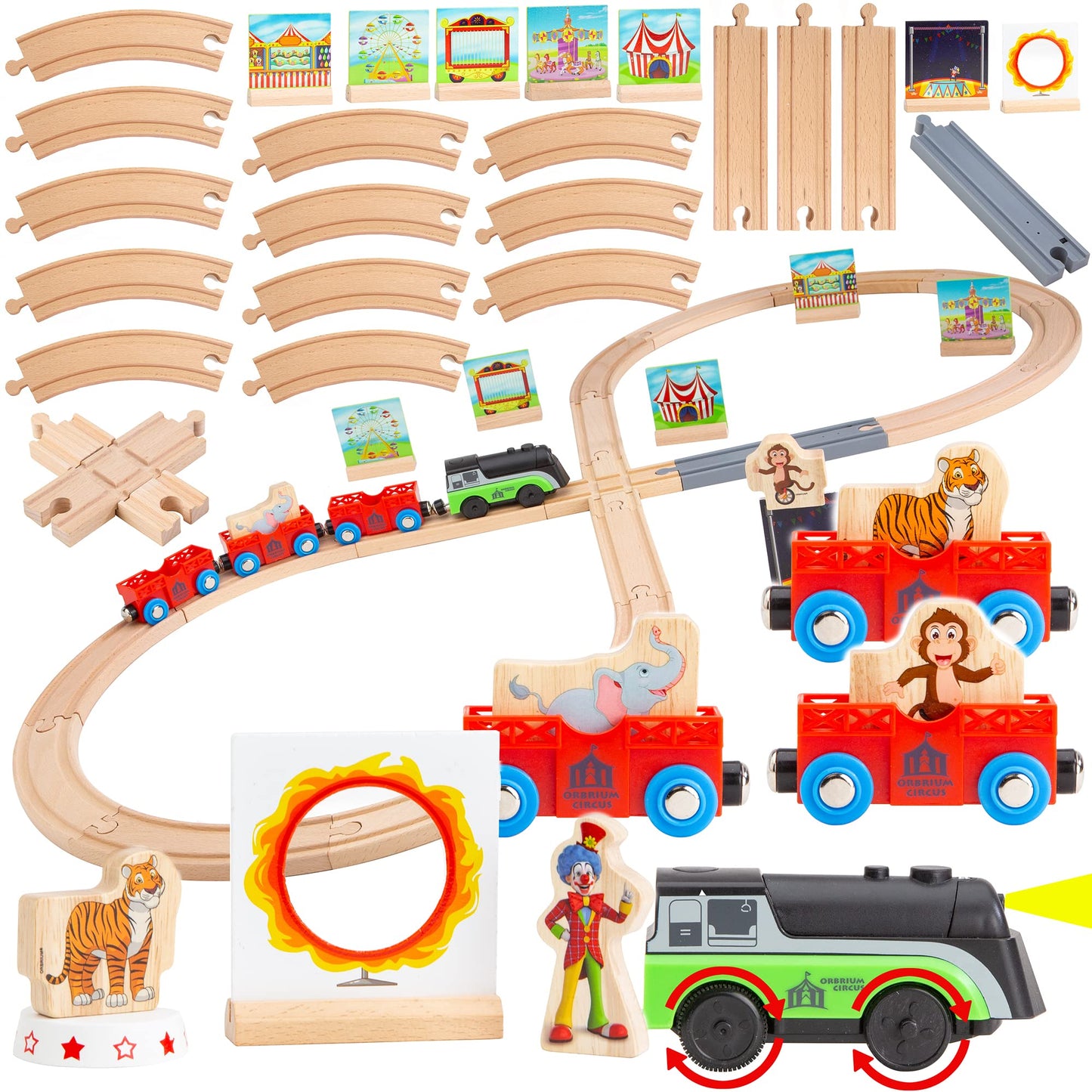 Wooden Train Set Magnetic Battery Operated Train Car with Wooden Tracks | Electric Lighted Train + Sound Track | Safari Circus Animal Compatible