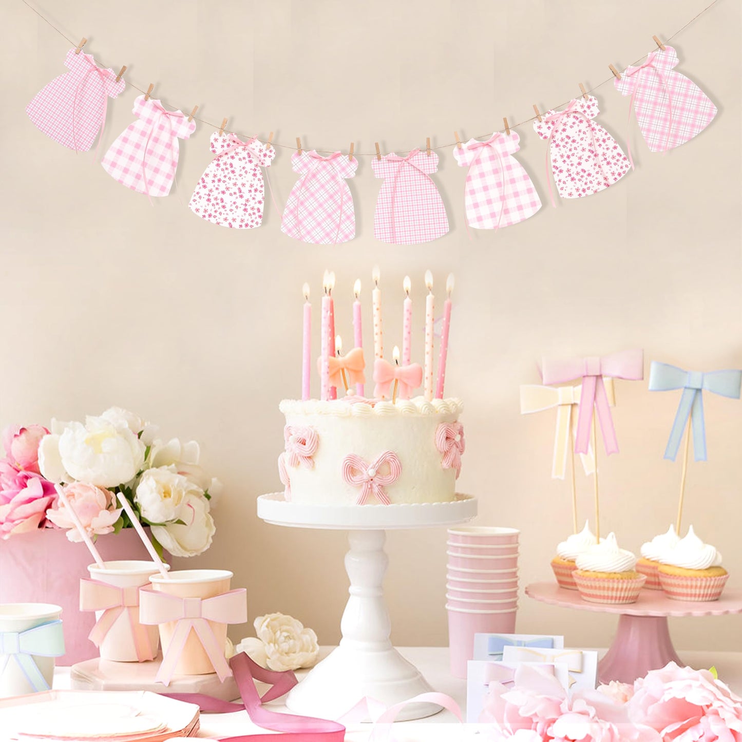 Pink Gingham Baby Dress Bodysuit Banner,Bow Gender Reveal Baby Shower Decor